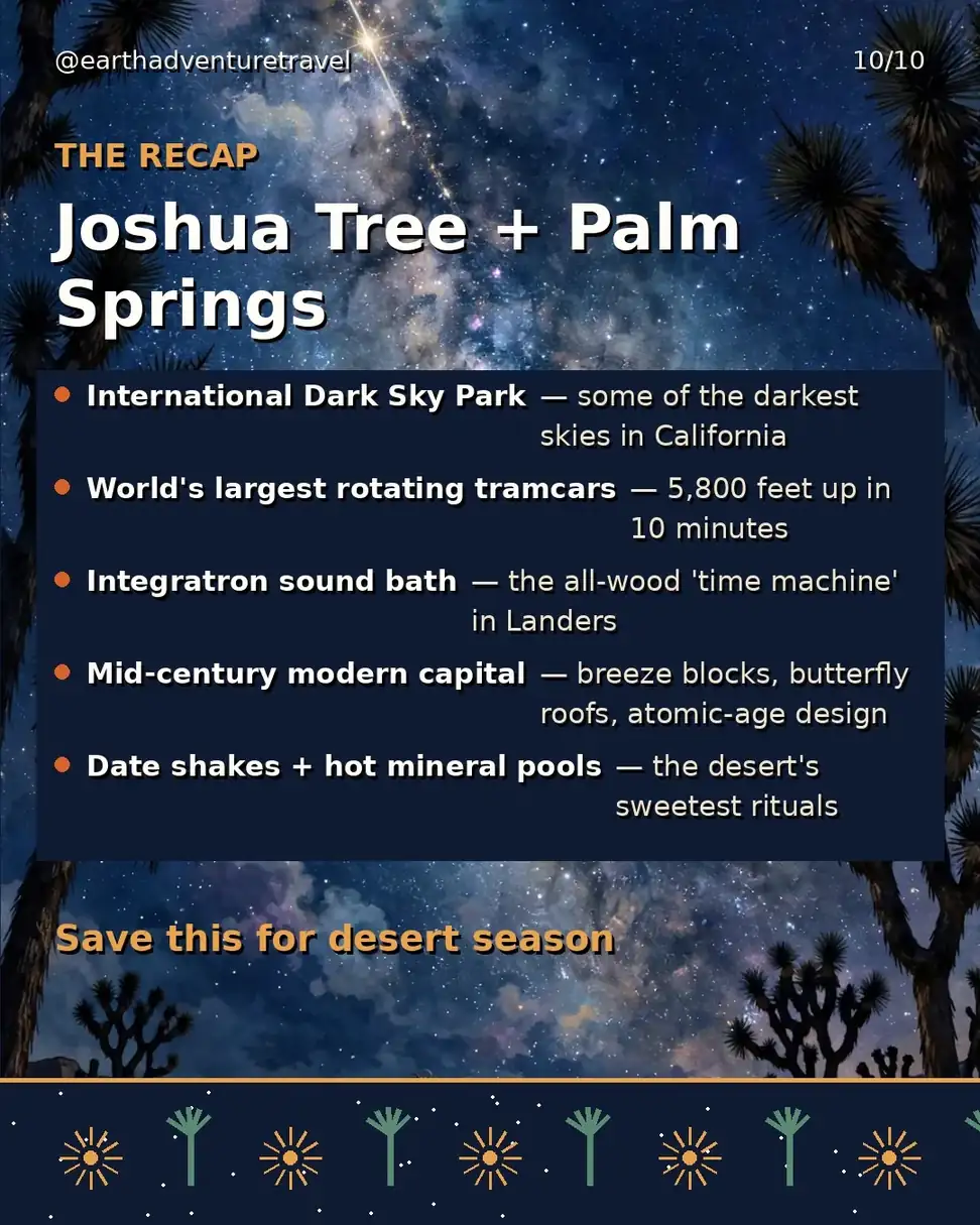 Saveable recap graphic for the three-day Joshua Tree + Palm Springs couples route