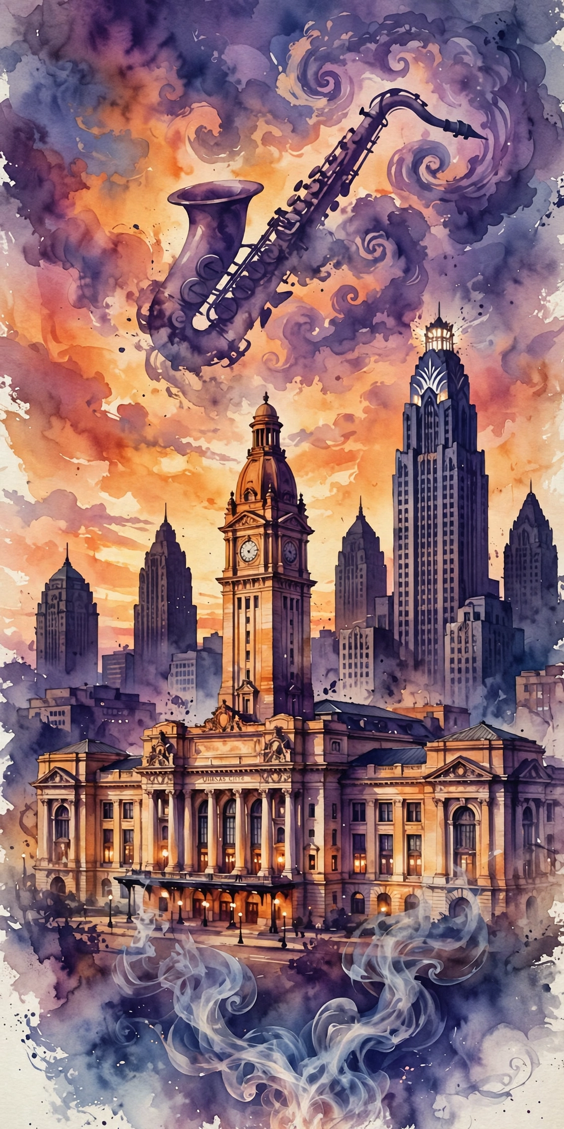 Painterly illustration of Kansas City Union Station and the downtown skyline at sunset, a jazz saxophone drifting through the clouds