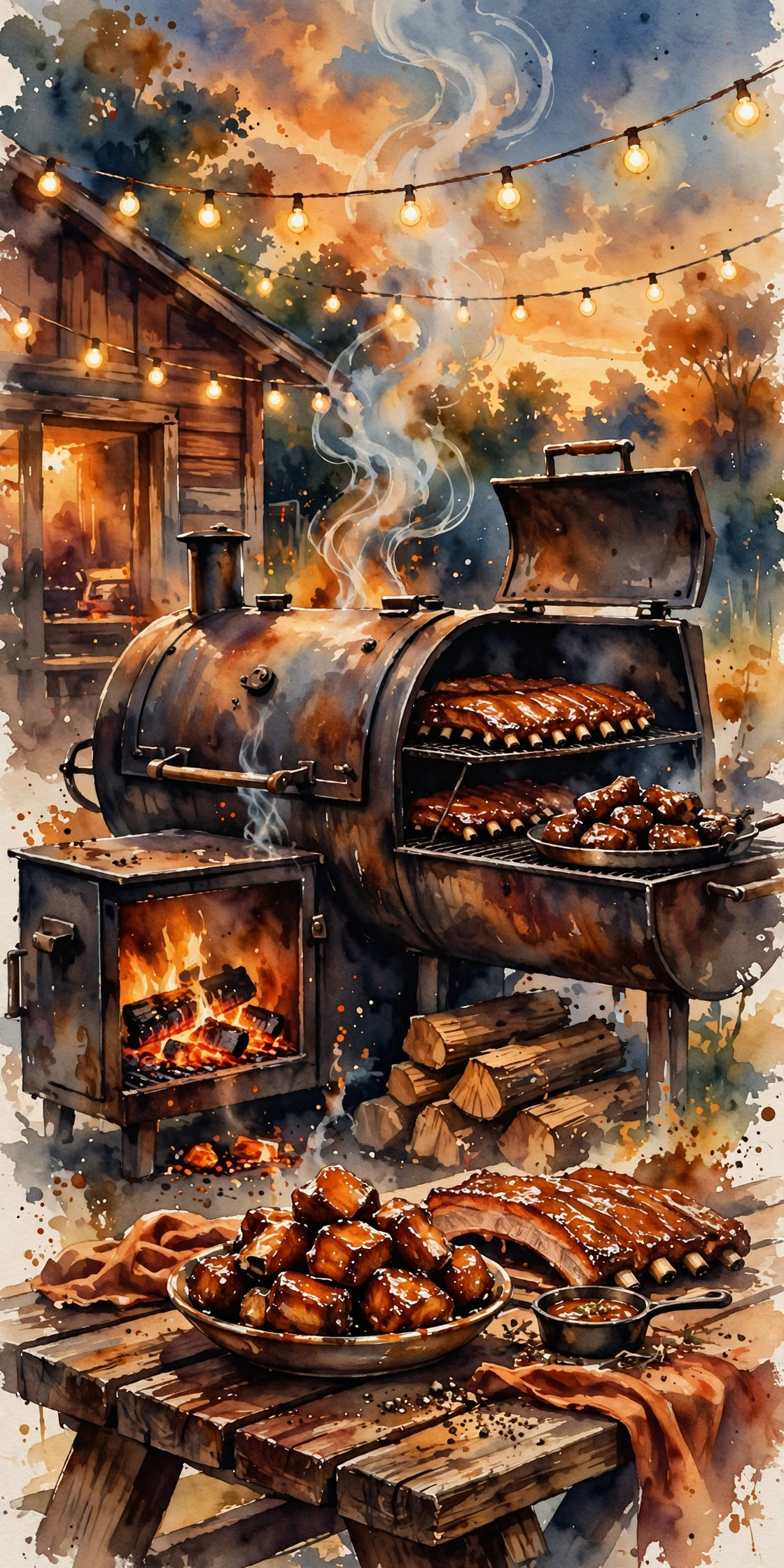 Painterly illustration of a Kansas City BBQ smoker loaded with ribs and burnt ends under string lights at dusk
