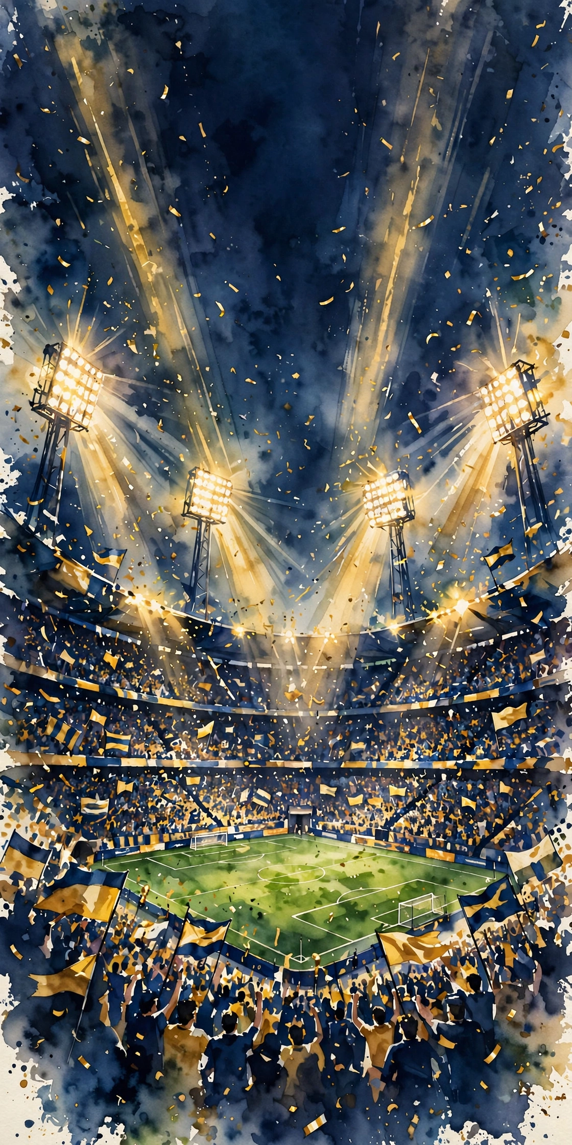 Painterly illustration of a packed soccer stadium at night under brilliant floodlights with golden confetti falling