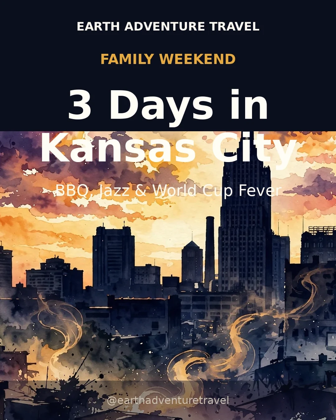 Painterly Kansas City skyline at sunset with jazz saxophone and BBQ smoke