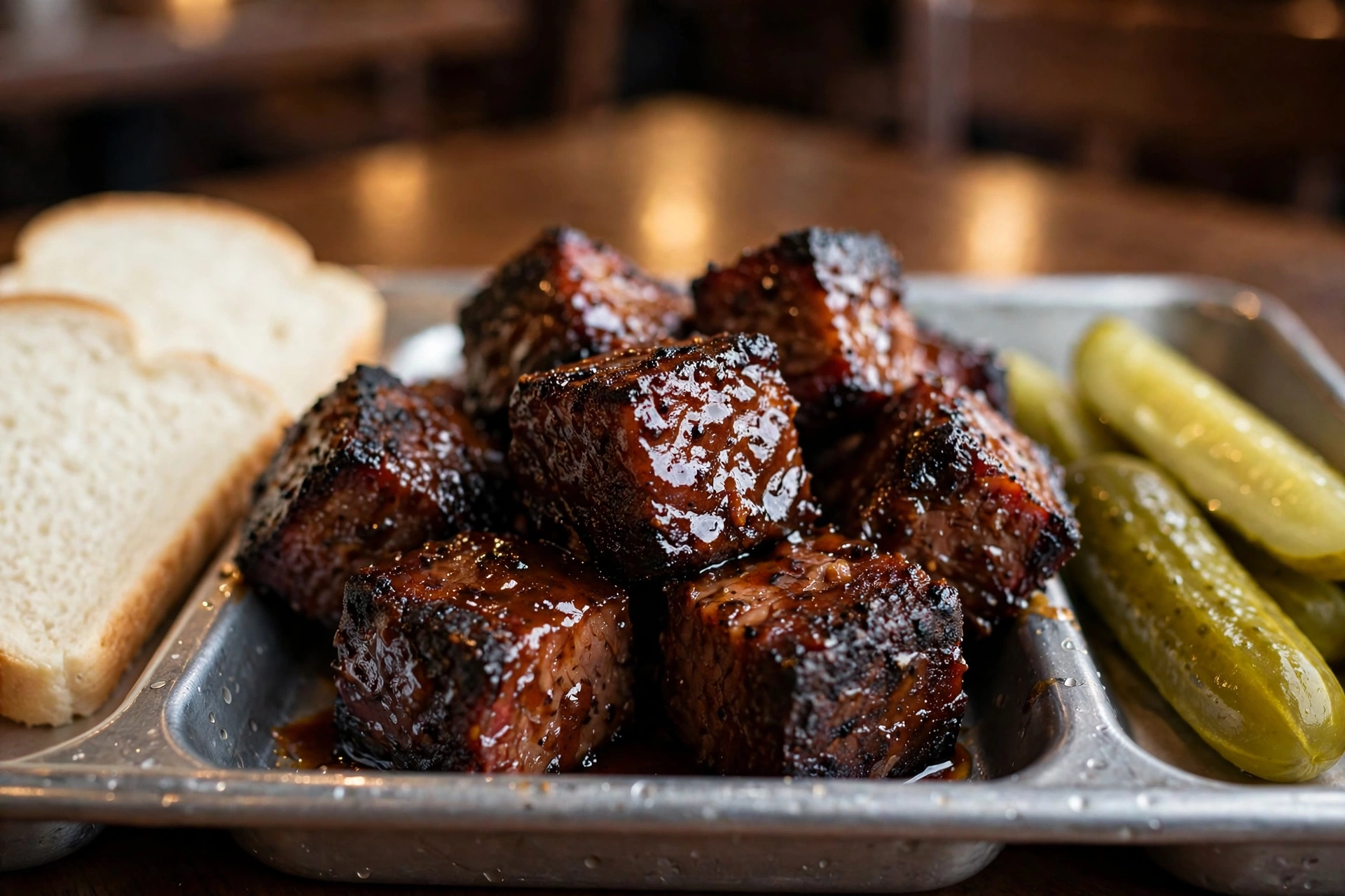Burnt ends on a cafeteria tray with pickles and white bread