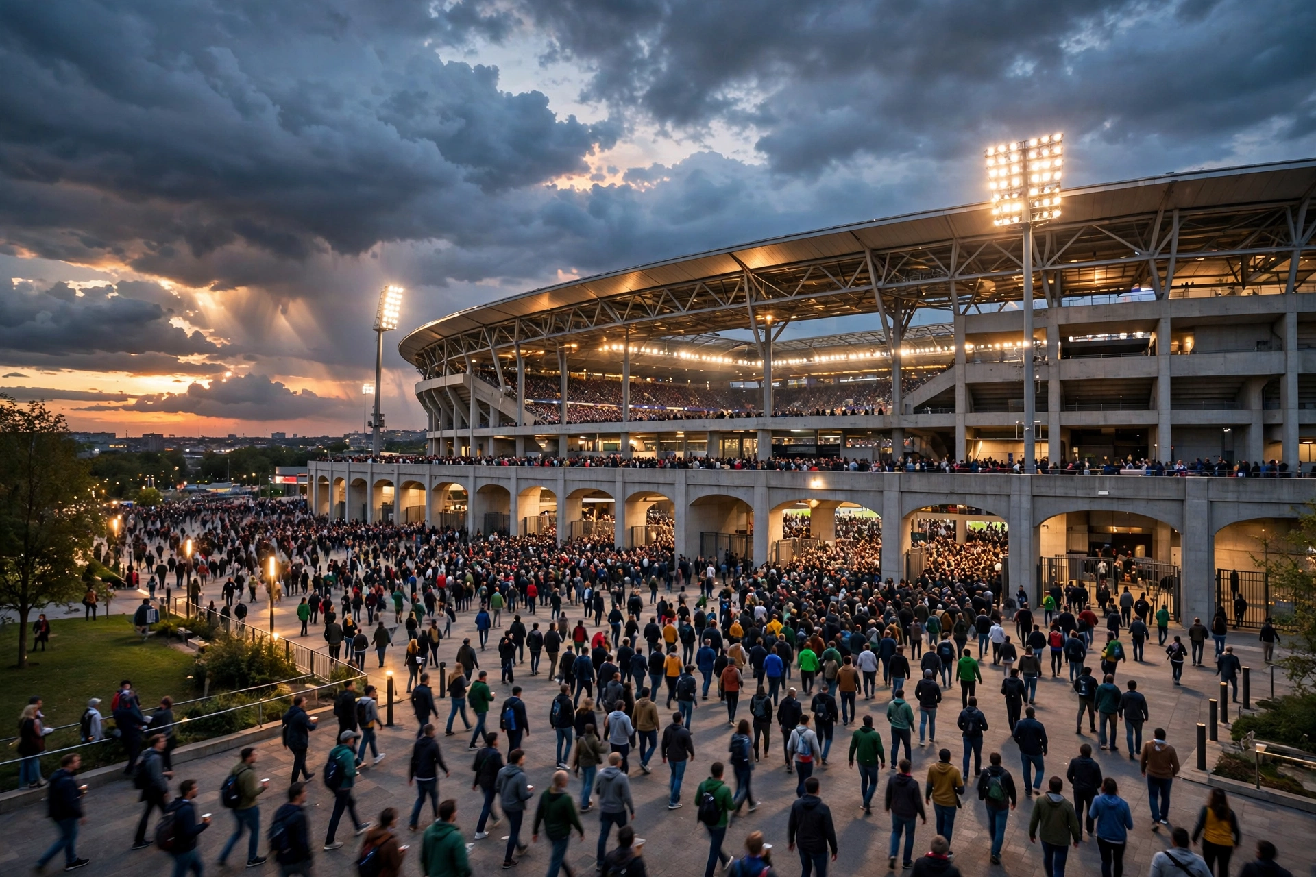 Fans streaming toward the stadium at dusk on match day