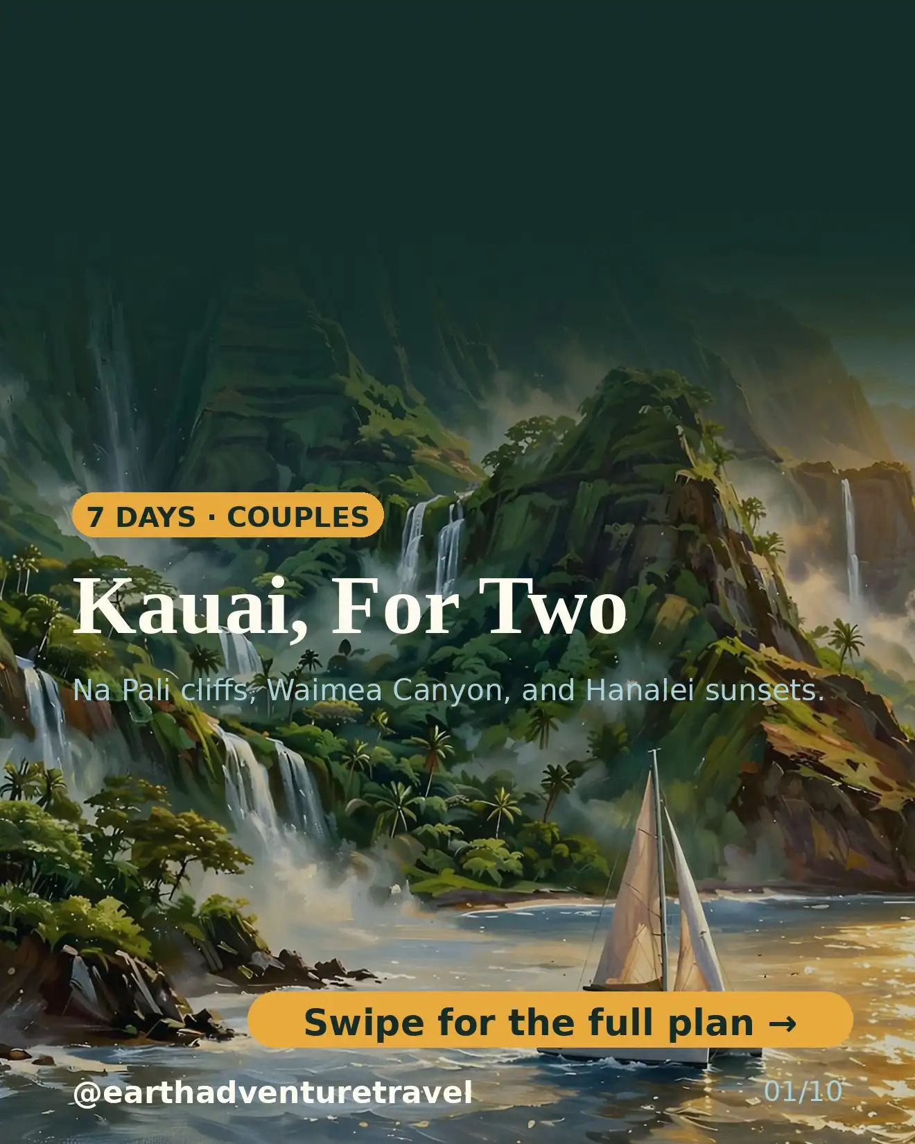 Illustrated Kauai couples guide cover: Na Pali cliffs, waterfalls, sailboat at sunset