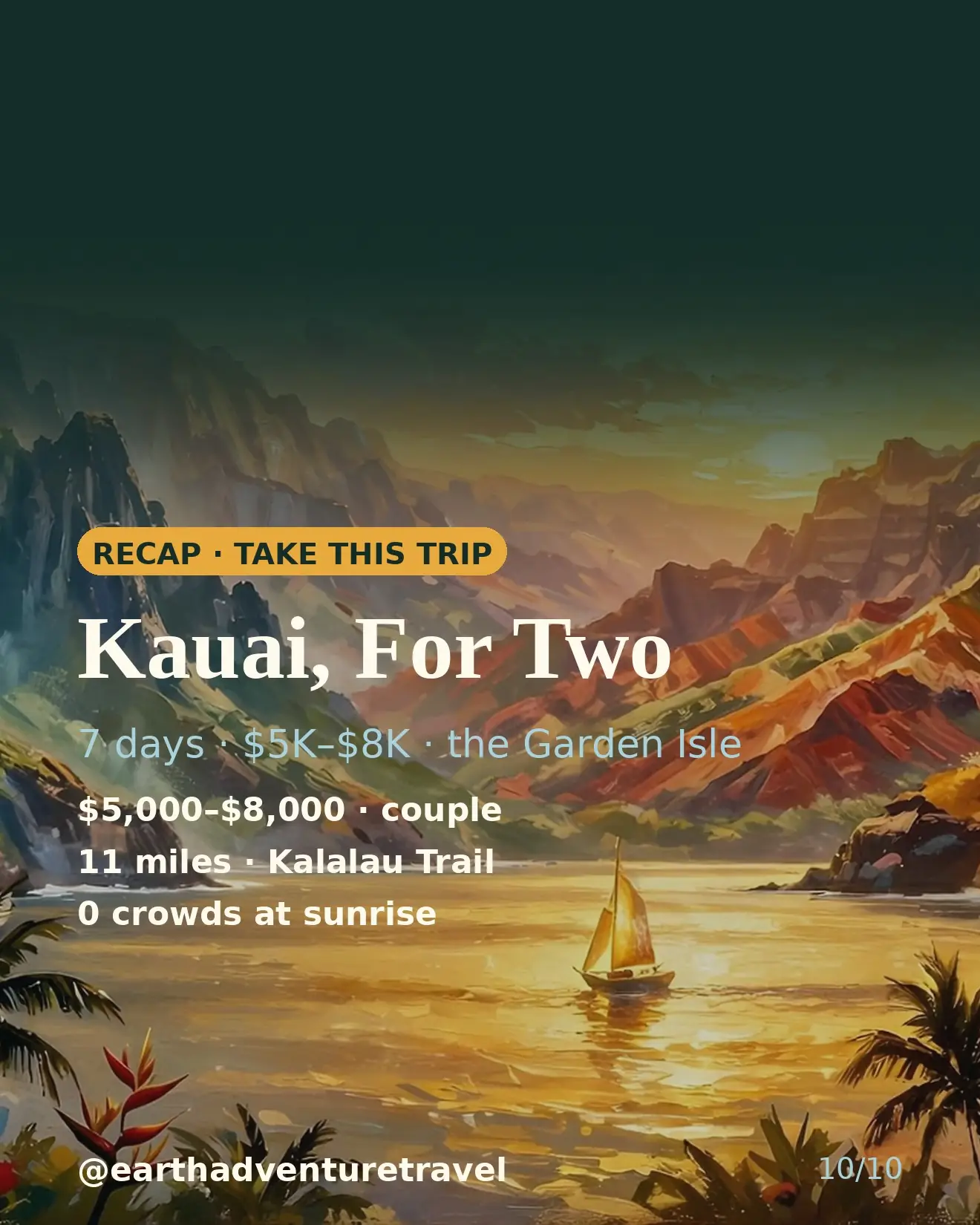 Saveable recap graphic for the Kauai couples route