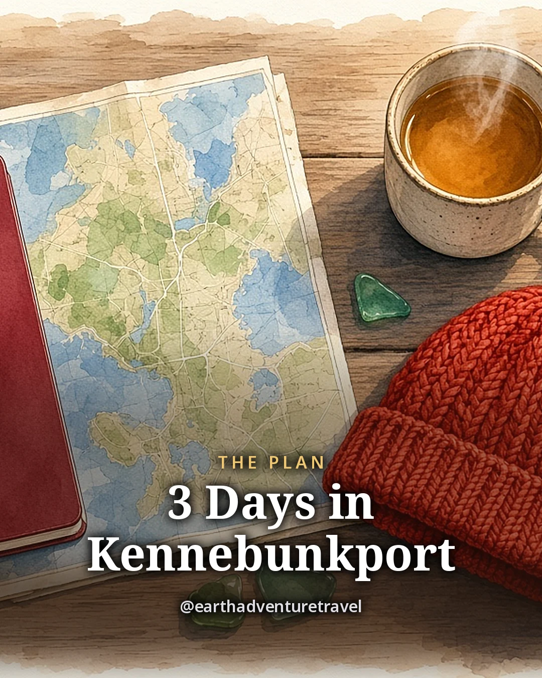 Illustration: a red notebook, a folded coastal map, a mug of tea, a red knit hat, a striped lobster buoy, pieces of sea glass and a pine sprig on a weathered wooden table, original illustrated plan card for 3 days in Kennebunkport