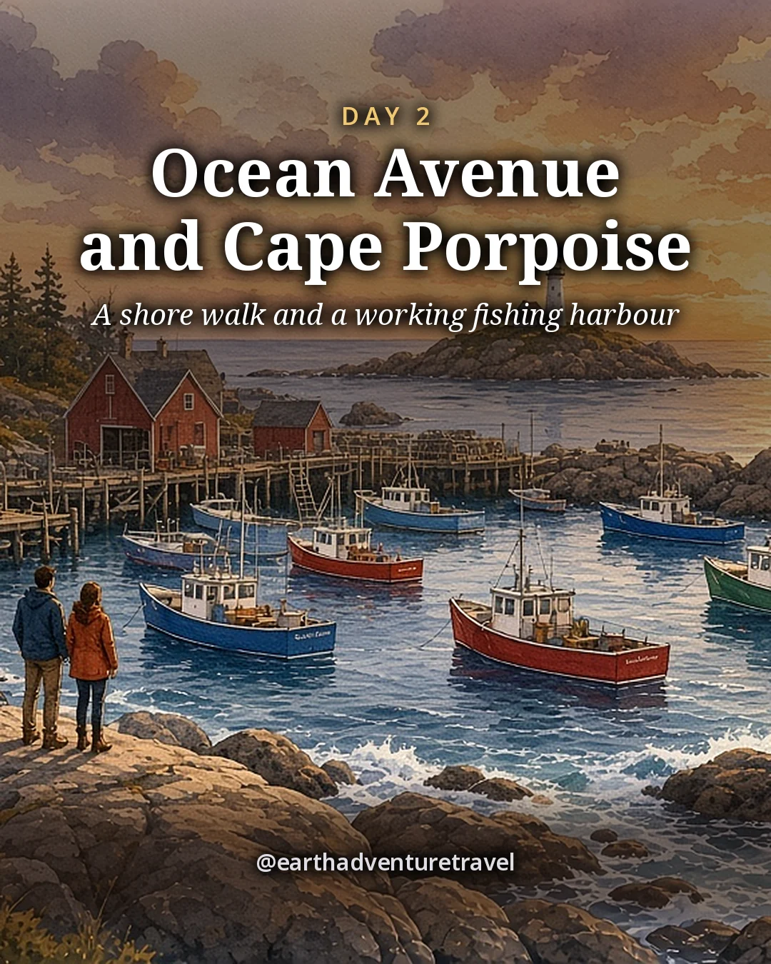 Illustration: red fishing shacks and lobster boats in a rocky harbor at sunset, with a small lighthouse on an island and a couple on the rocks, illustrated day card for Day 2