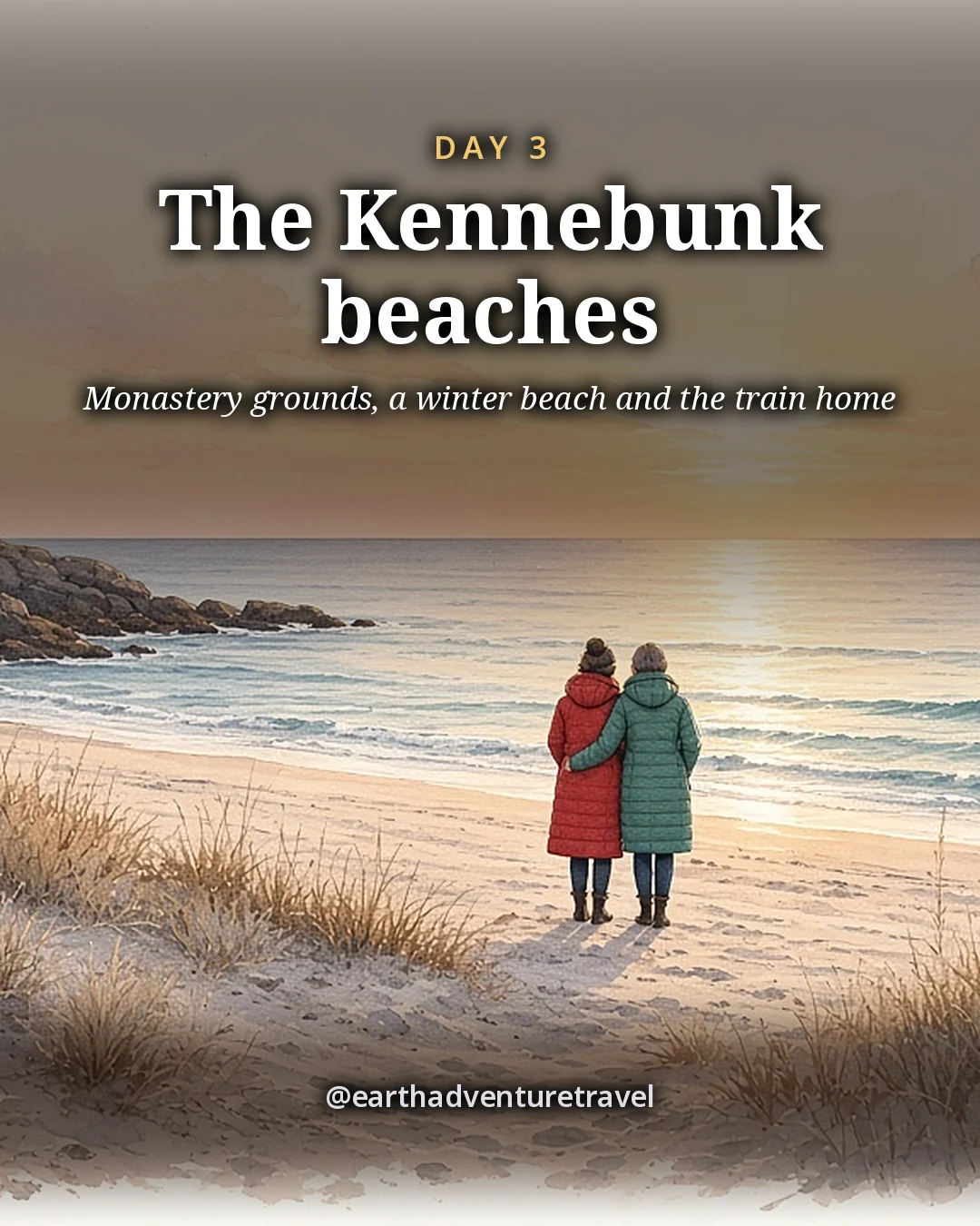 Illustration: a couple in winter coats on a quiet sandy beach with dune grass and a rocky headland under a soft sunrise, illustrated day card for Day 3