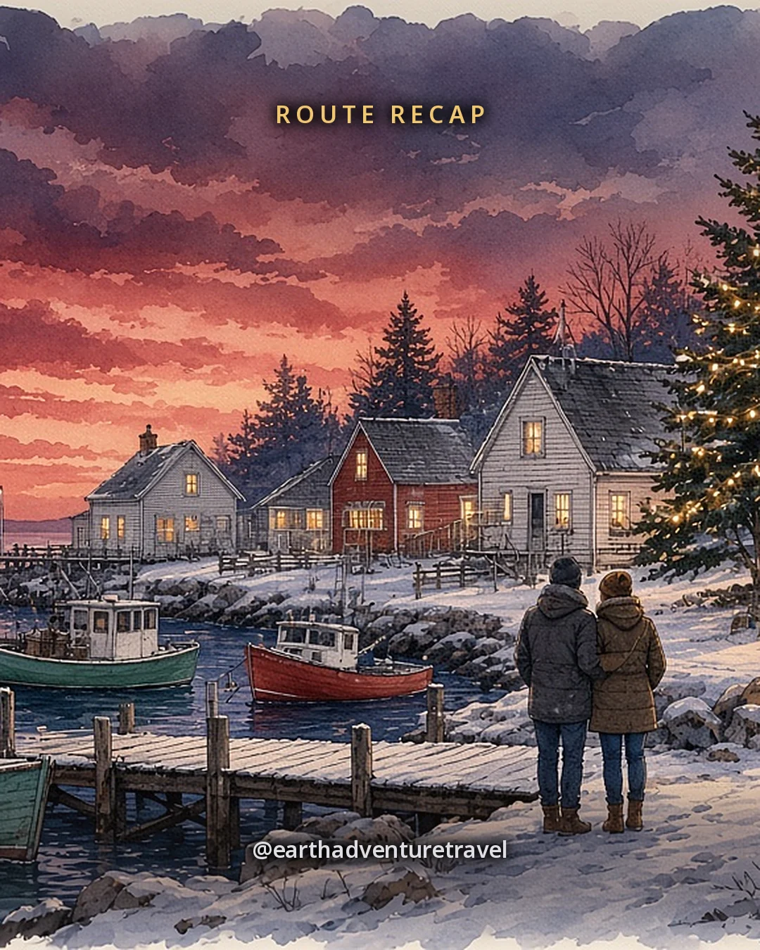 Illustration: lobster boats moored by a snowy wharf at dusk, with clapboard houses, a lit evergreen and a couple watching the harbor, original illustrated recap card