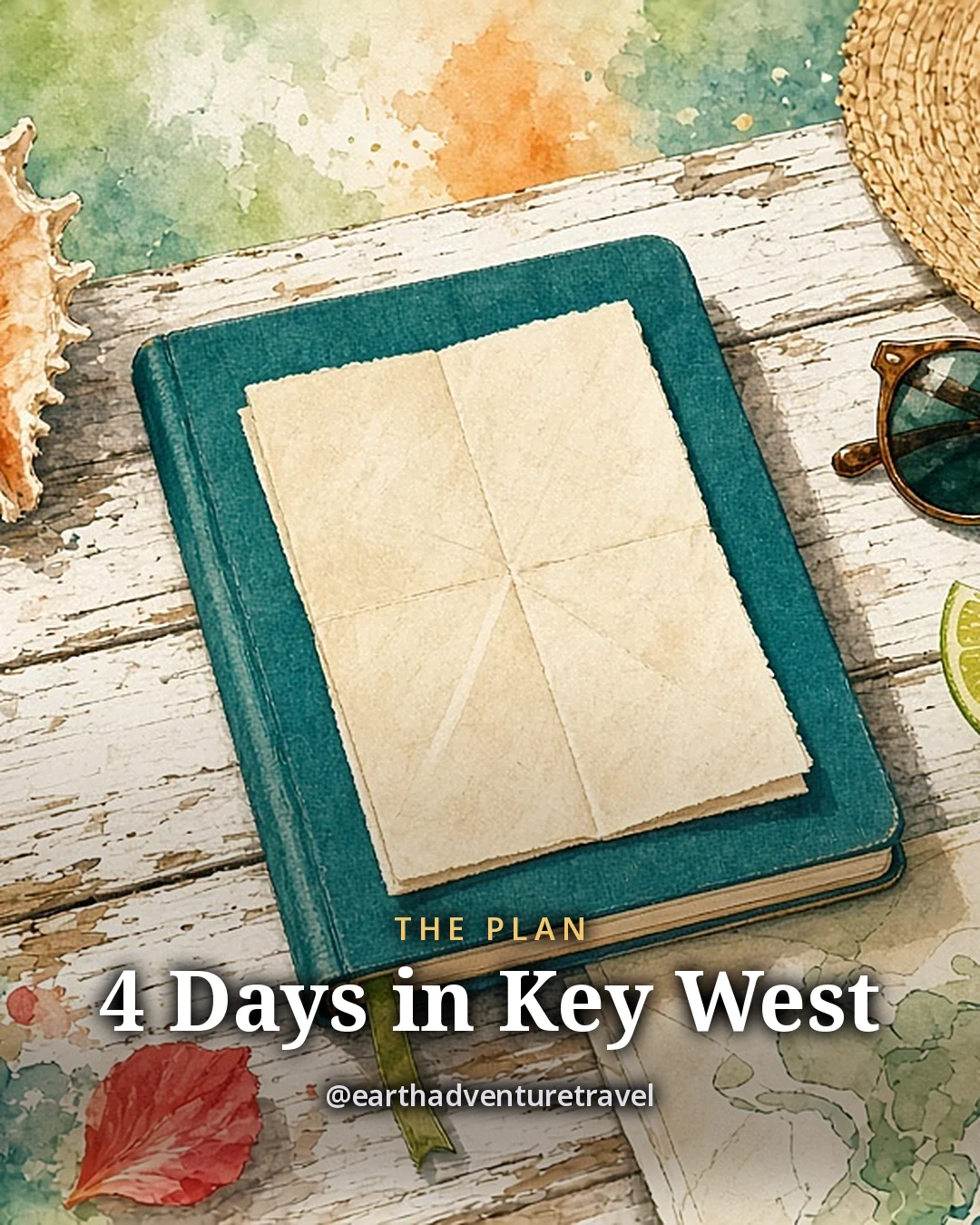 Illustration: a teal notebook, a conch shell, a straw hat, sunglasses, a lime, a folded map and a hibiscus flower on a sunny table, original illustrated plan card for 4 days in Key West