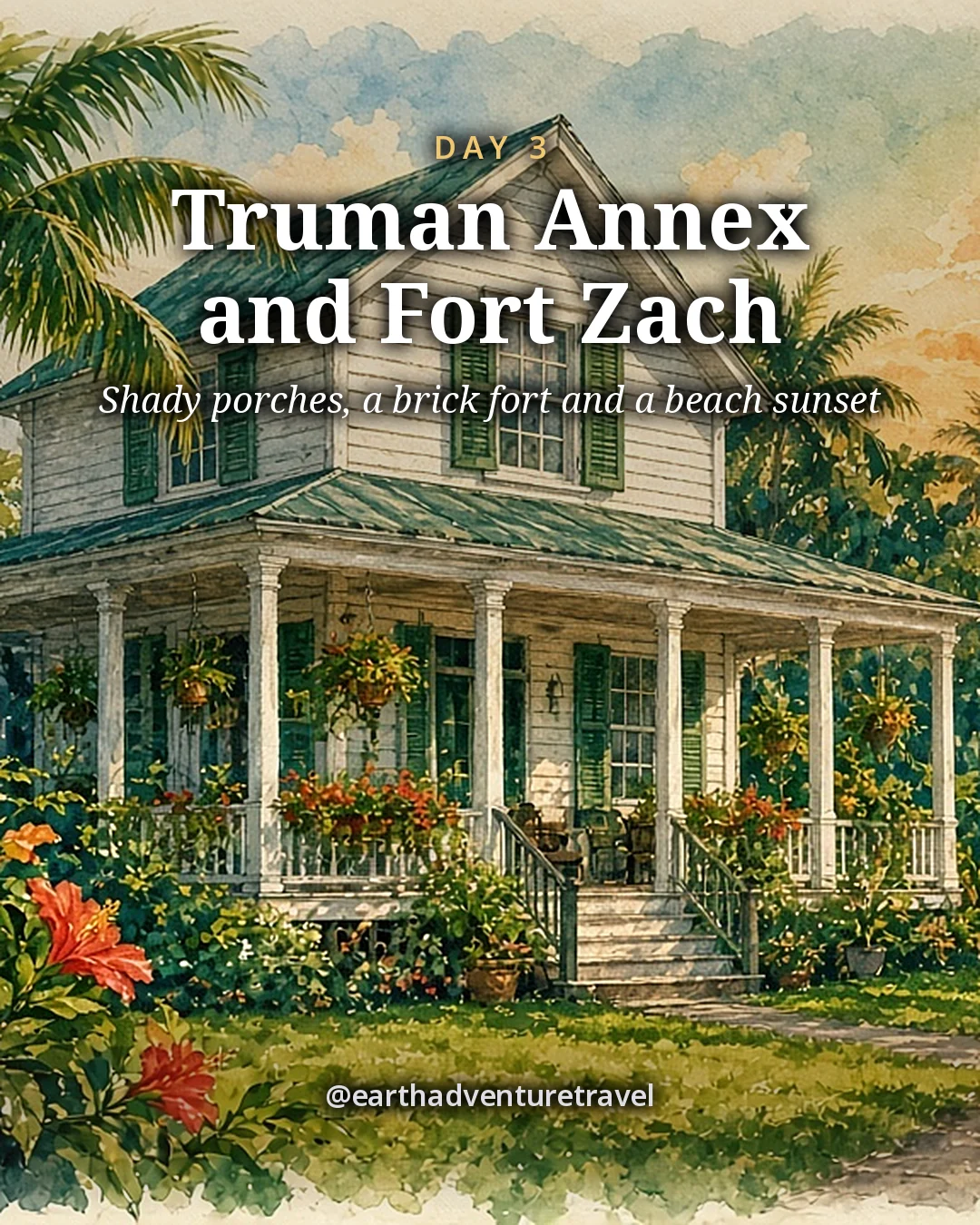 Illustration: a white clapboard house with a wide porch and green shutters under tall palms, illustrated day card for Day 3