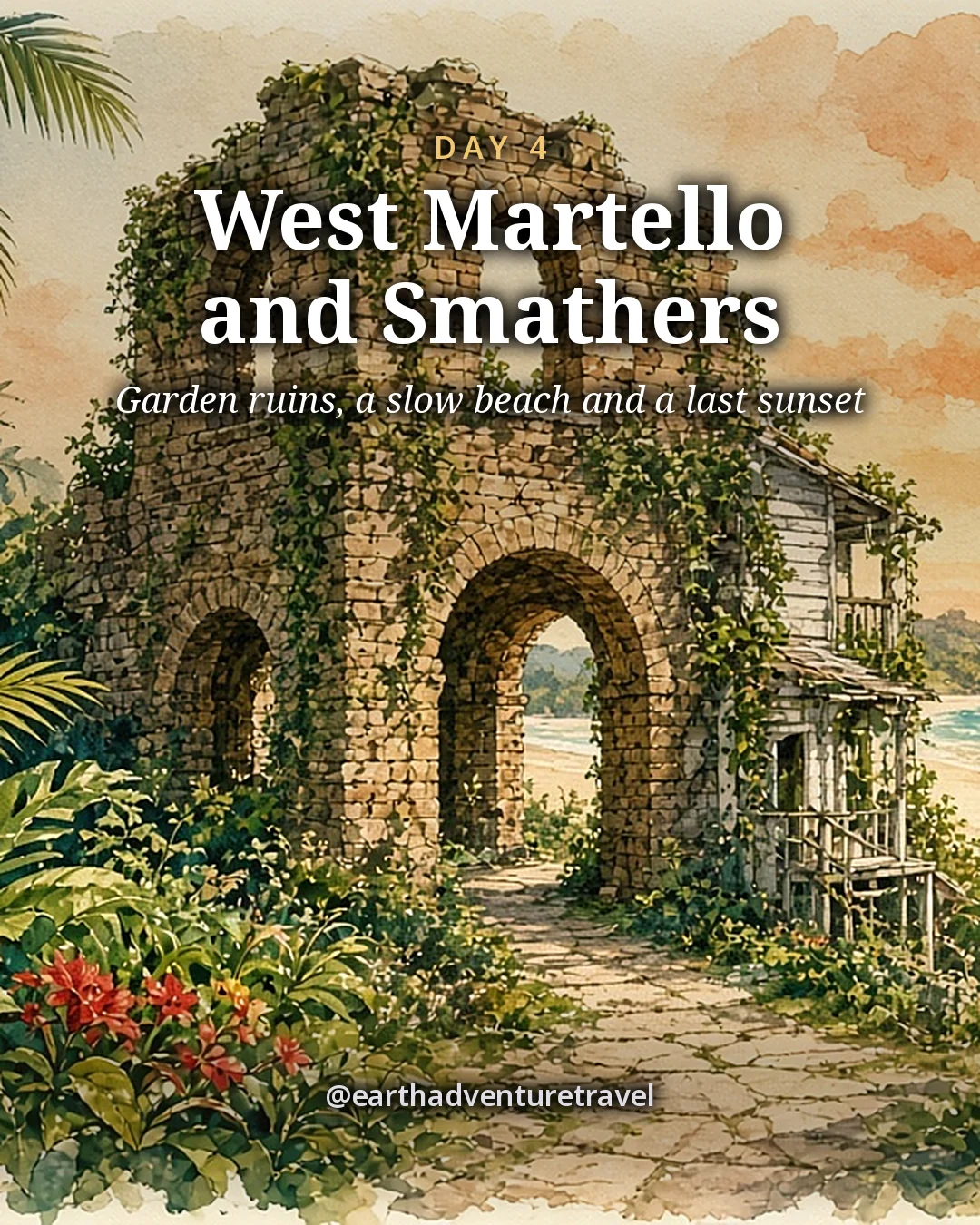 Illustration: the brick arches of an old tower ruin in a tropical garden beside a beach, illustrated day card for Day 4