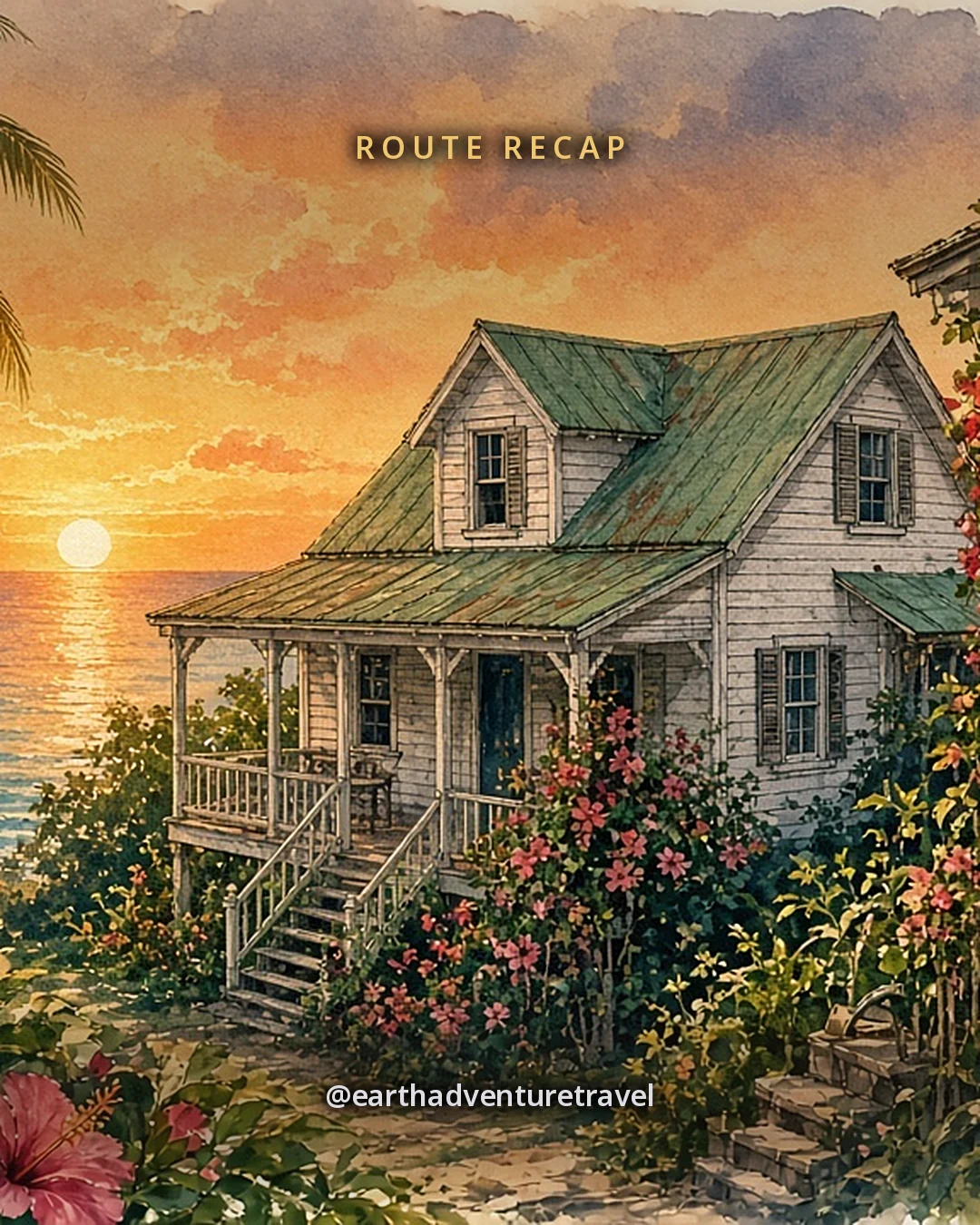 Illustration: a conch cottage with a porch at sunset, palms and a sailboat on the water behind it, original illustrated recap card