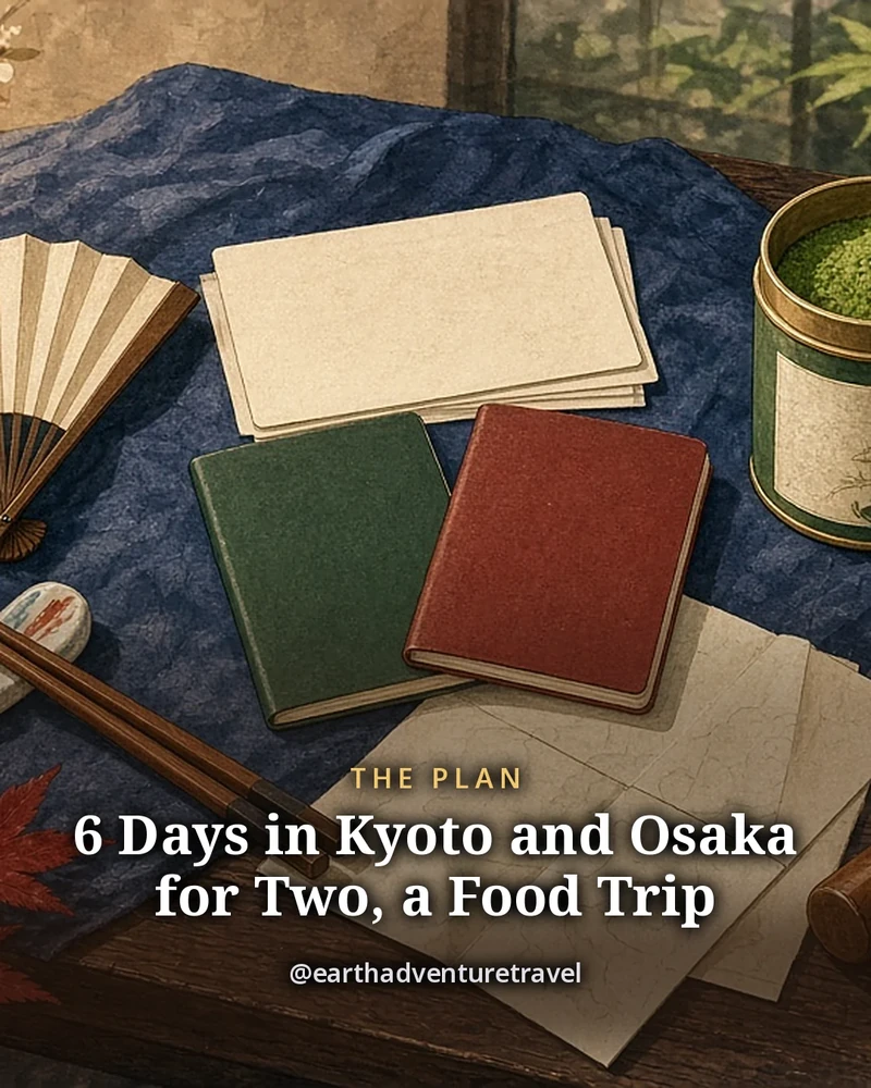 Illustration: a transit card, two passports, a folding fan, chopsticks on a ceramic rest, a linen coin purse, a compact umbrella, a tin of matcha with a bamboo whisk, a folded map and a sprig of maple leaves on an indigo cloth, original illustrated plan card for 6 days in Kyoto and Osaka for two