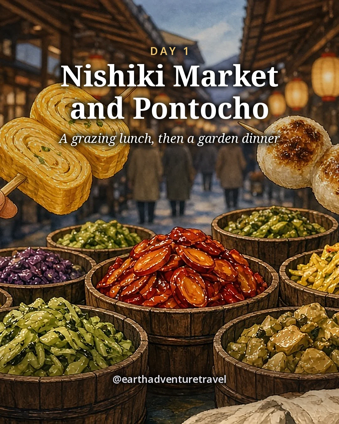 Illustration: two hands holding skewers of rolled sweet omelette and grilled mochi in front of tubs of colourful pickles under the covered arcade of Nishiki Market, illustrated day card for Day 1