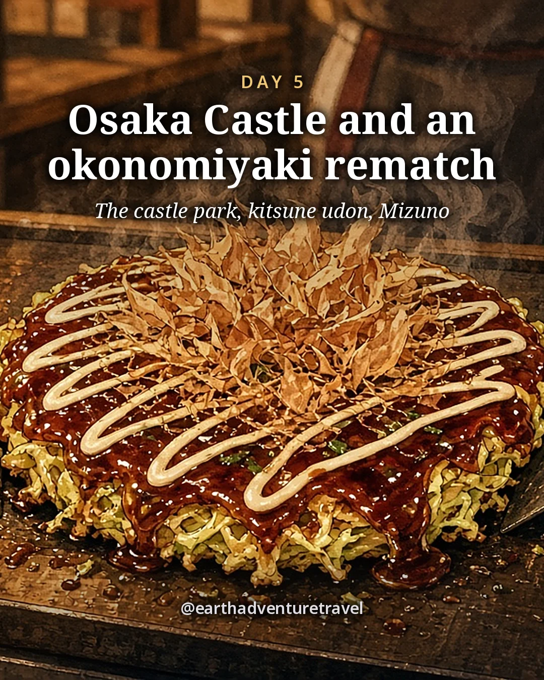 Illustration: an okonomiyaki sizzling on an iron griddle, brushed with dark sauce and mayonnaise with bonito flakes curling, two hands with small spatulas about to cut and share it, illustrated day card for Day 5