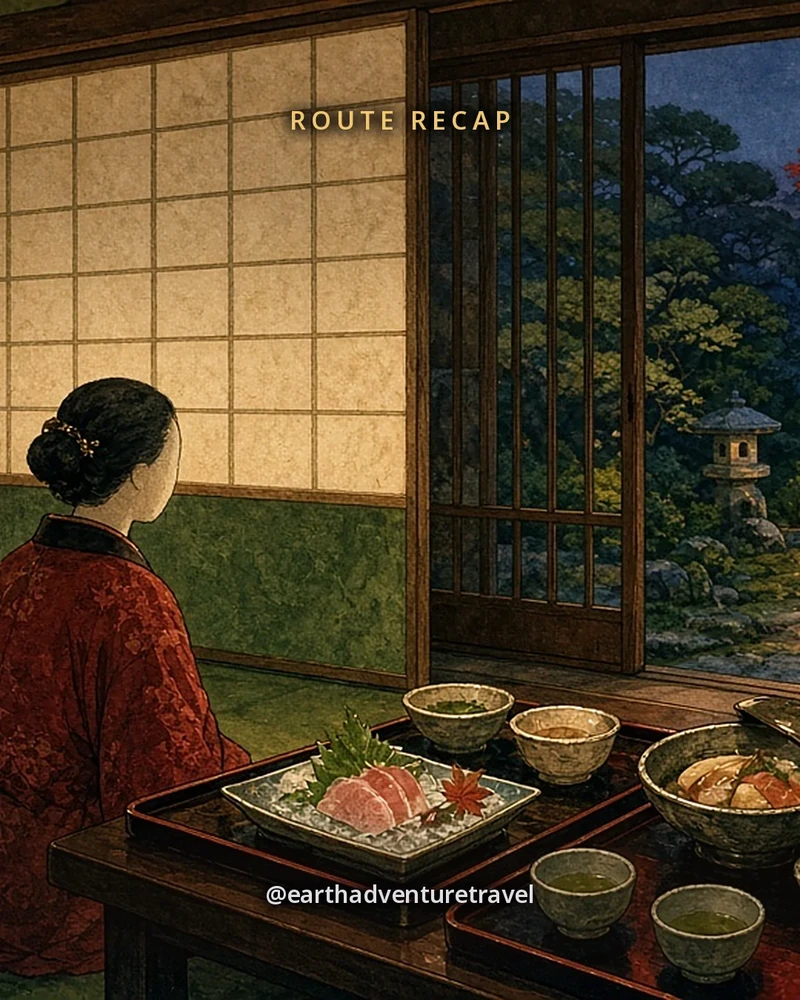 Illustration: a kaiseki dinner for two, small seasonal courses on lacquer and ceramic dishes beside a paper screen open onto a lantern-lit garden, original illustrated recap card