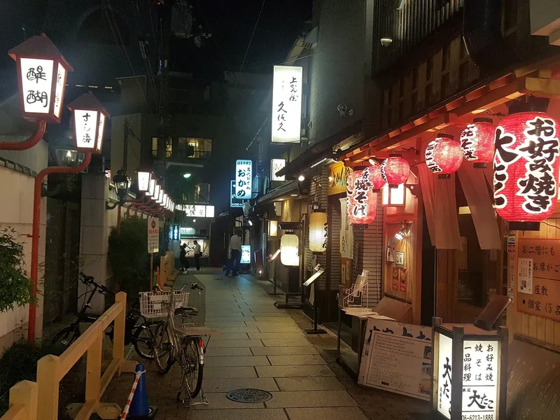 Hozenji Yokocho, a stone-paved alley in Osaka, at night