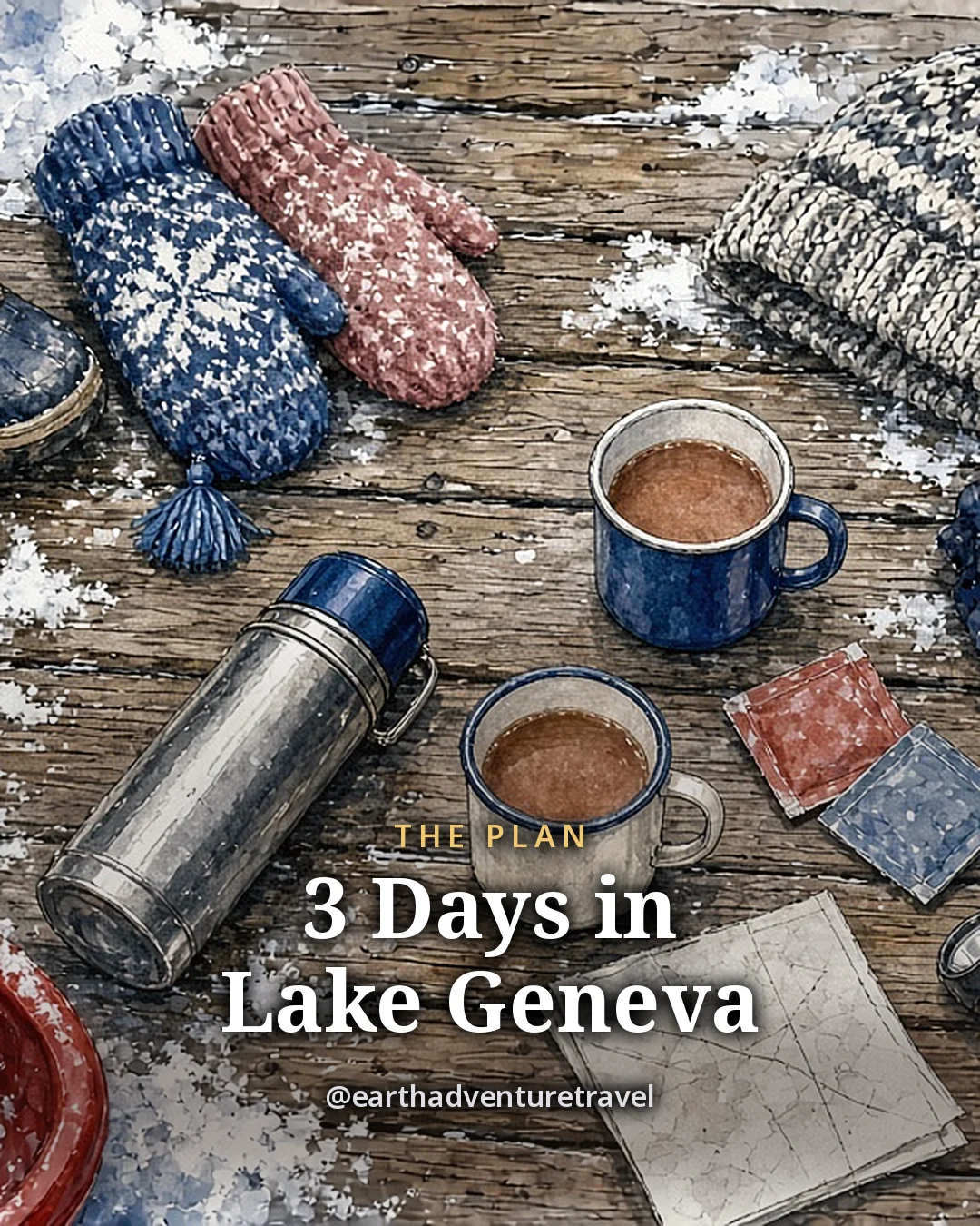 Illustration: kids’ snow boots, mittens, a knit hat, a thermos and mugs, a red sled edge and a small flashlight on a snow-dusted wooden porch, original illustrated plan card for 3 days in Lake Geneva