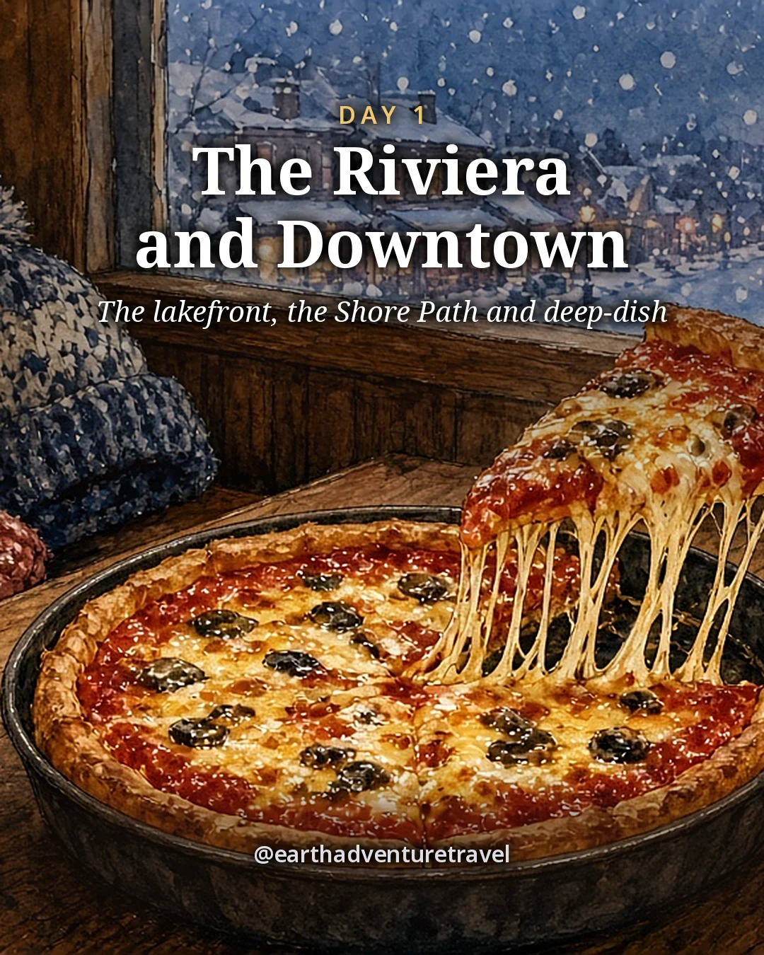 Illustration: a deep-dish pizza in its pan on a wooden booth table, a child’s hand lifting a cheesy slice, mittens on the bench and snow falling on a small-town street outside, illustrated day card for Day 1