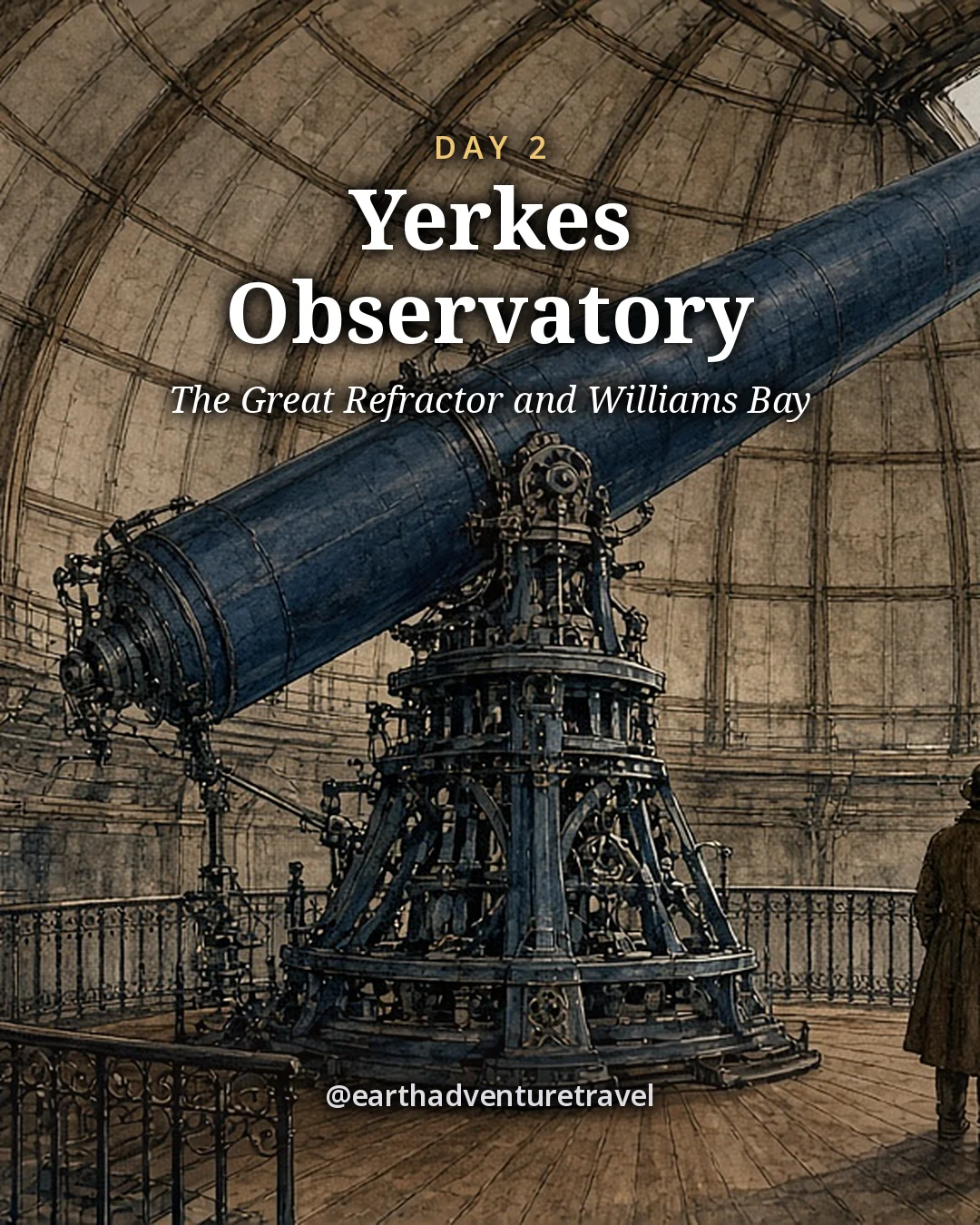Illustration: inside the great dome of Yerkes Observatory, the long blue telescope on its ornate iron pier pointing at the open slit, with a small family at the railing, illustrated day card for Day 2