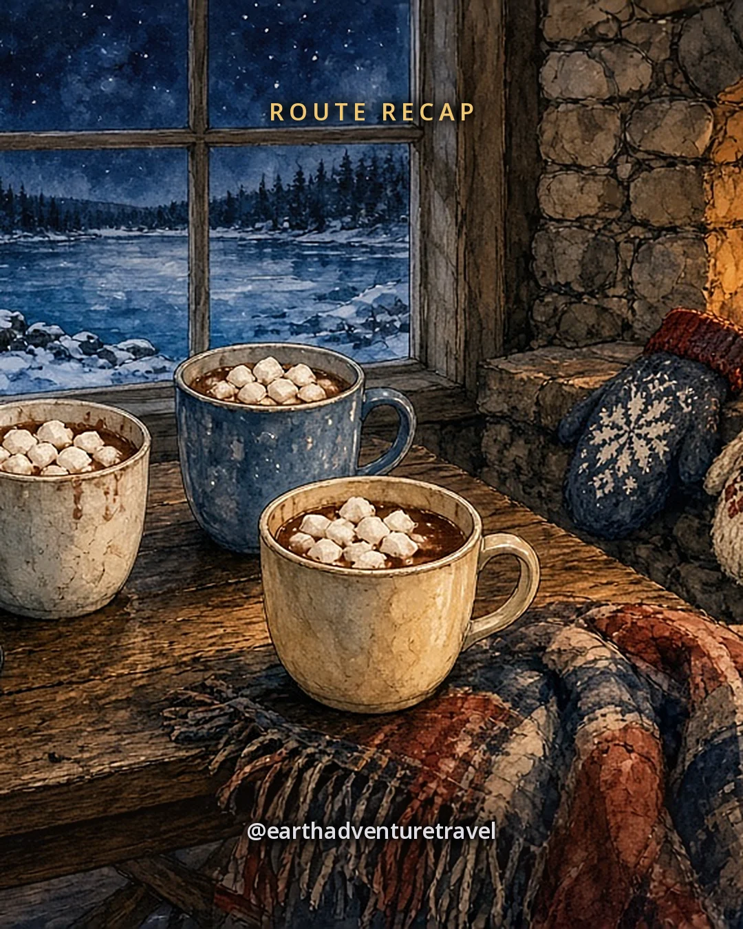 Illustration: three mugs of hot cocoa by a stone fireplace with a plaid blanket and mittens drying on the hearth, a starry winter night over the lake in the window, original illustrated recap card
