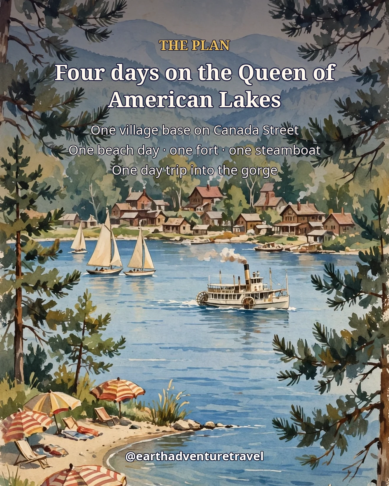 Lake George family trip-plan graphic: the four-day route at a glance