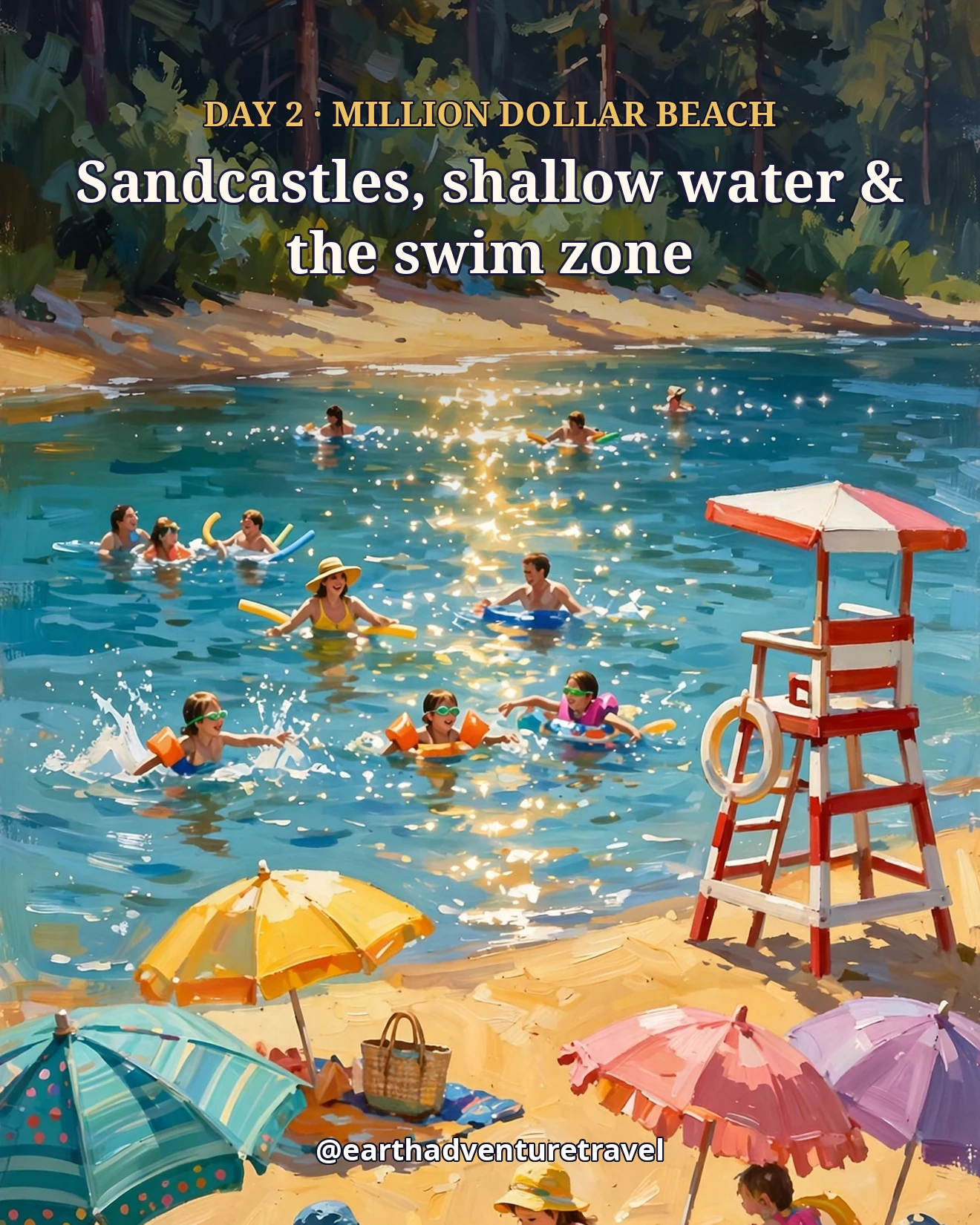 Day 2 itinerary card: families swimming at a lake beach