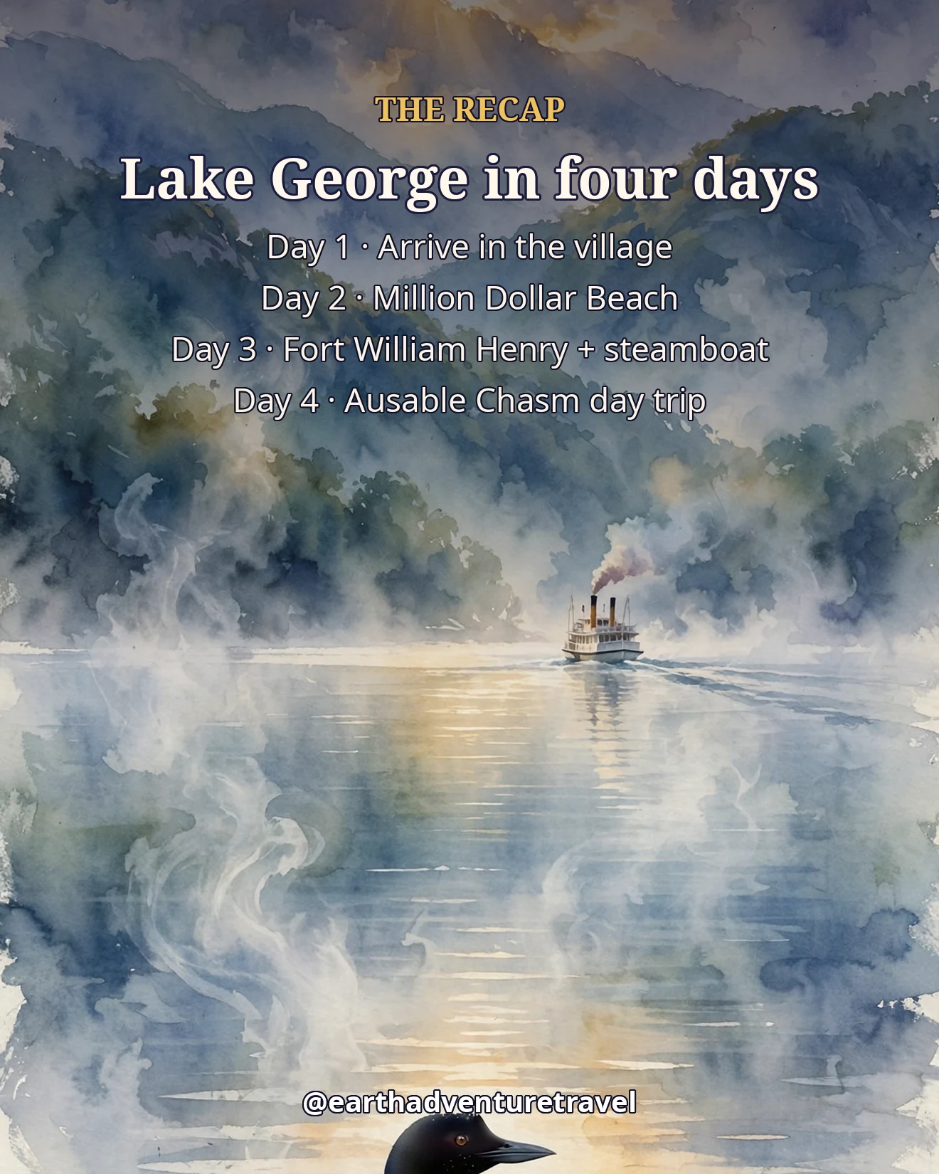 Saveable recap graphic for the four-day Lake George family route
