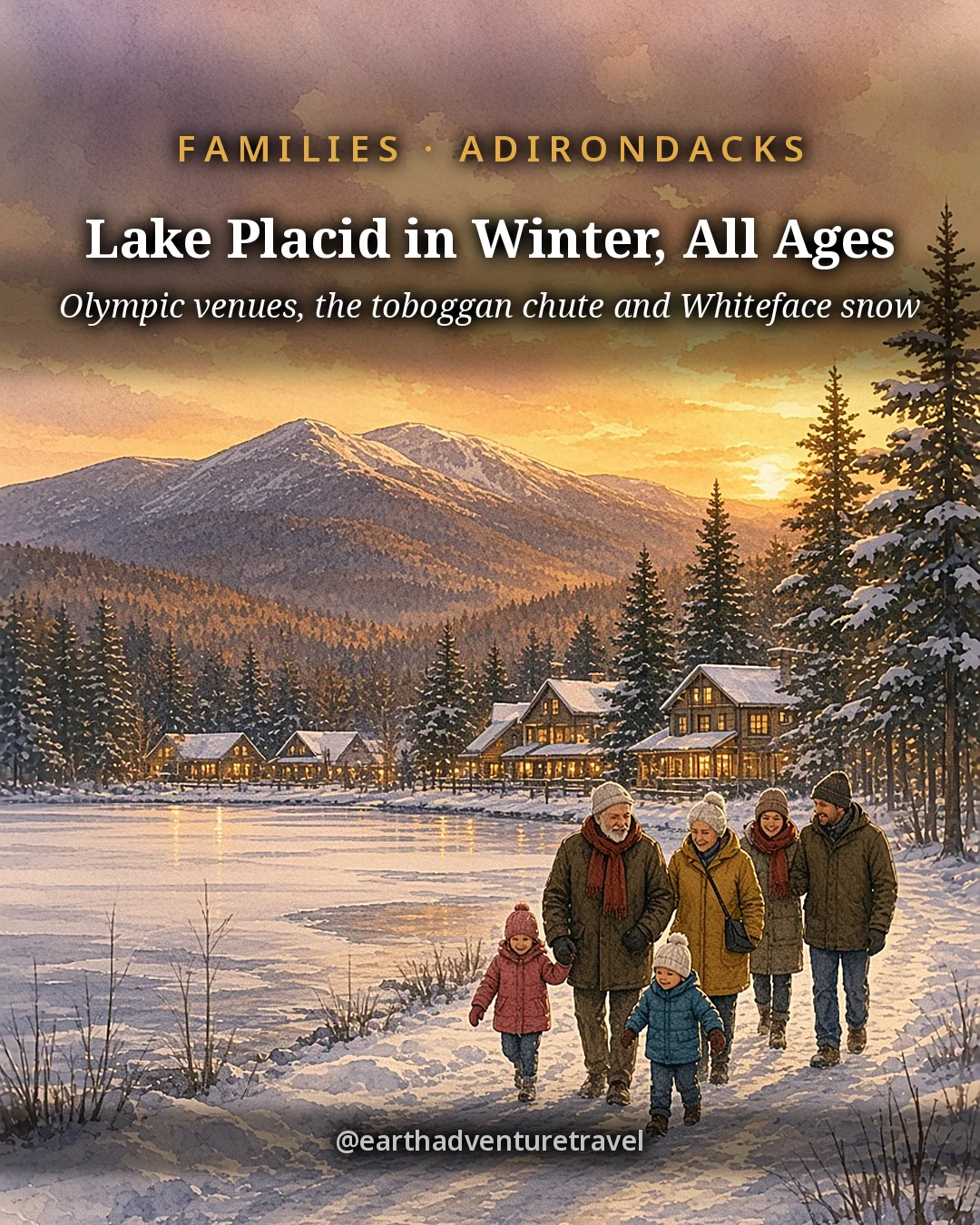 Illustration: the cover of 5 Days in Lake Placid in winter, grandparents, parents and children walking beside frozen Mirror Lake at sunset, with lodges, snowy pines and the mountains behind; the cover reads Lake Placid in Winter, All Ages