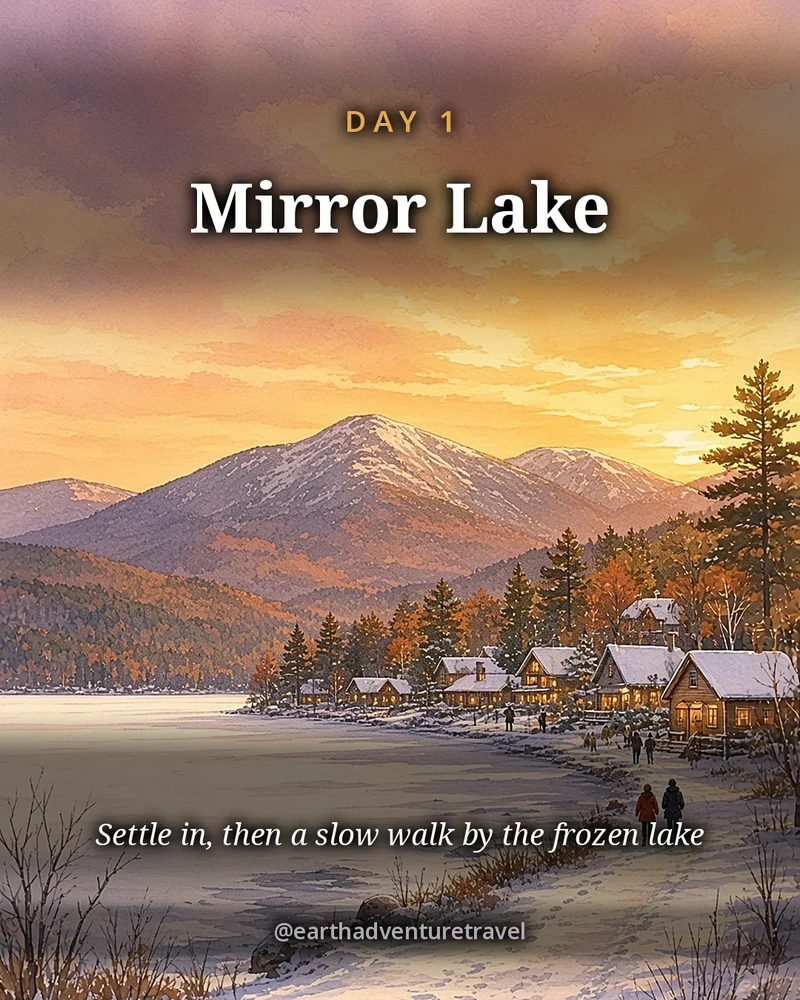 Illustration: Mirror Lake frozen under snow with the village of Lake Placid on the shore and the High Peaks behind, original illustrated day card