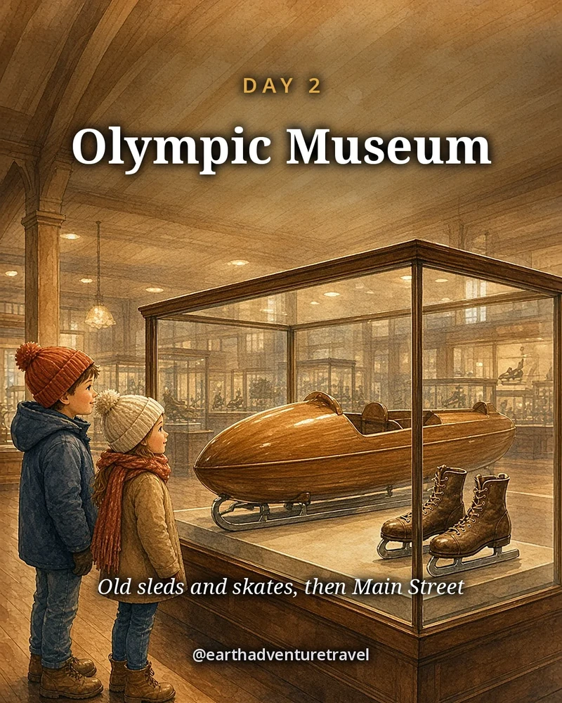 Illustration: the Olympic Center on Main Street in snow, with skates, a hockey stick and Olympic rings, original illustrated day card