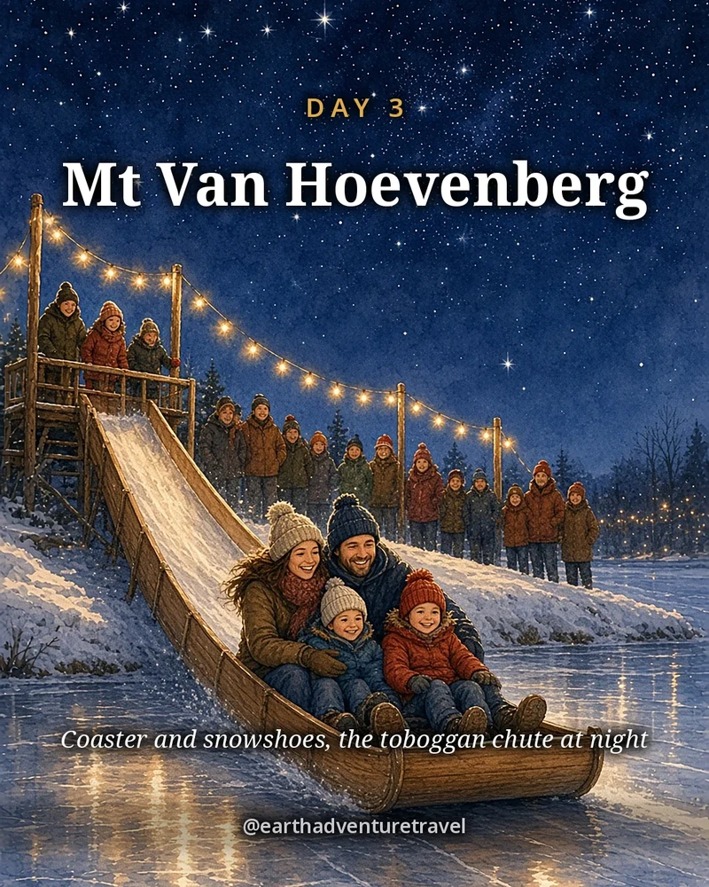 Illustration: the Olympic sliding track curving through snowy woods at Mt Van Hoevenberg, original illustrated day card