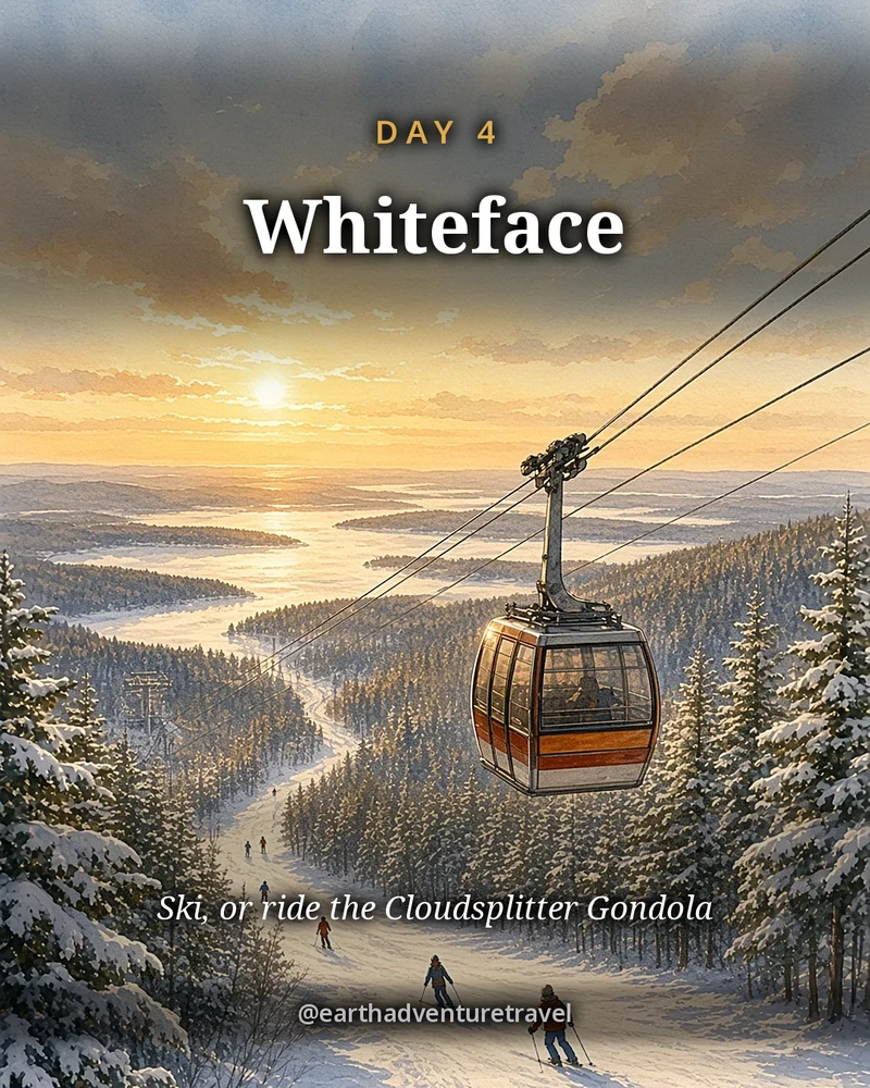 Illustration: Whiteface Mountain under snow with the gondola rising over the ski runs, original illustrated day card