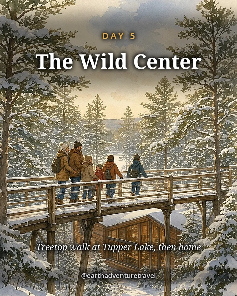 Illustration: The Wild Center among snowy forest in Tupper Lake, with otters and a river, original illustrated day card