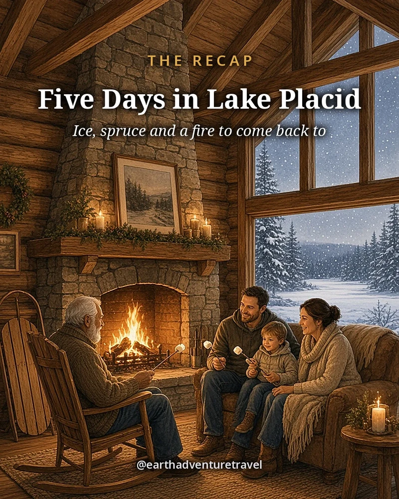 Illustration: Mirror Lake, Whiteface and the forest at Tupper Lake under snow, original illustrated recap card