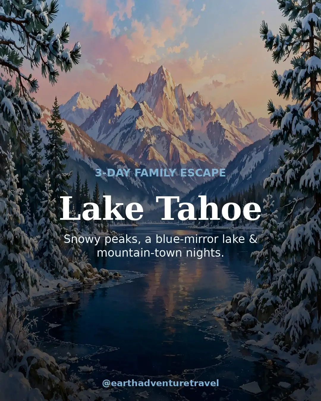 Lake Tahoe in winter 3-day family trip cover — snow-covered Sierra peaks over the alpine lake
