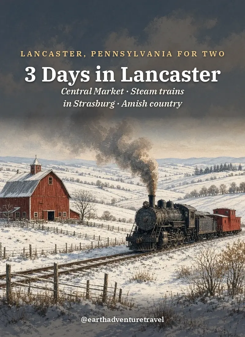 Original Illustration: a black steam train with a red caboose crossing snowy farm fields by a red barn in Lancaster County