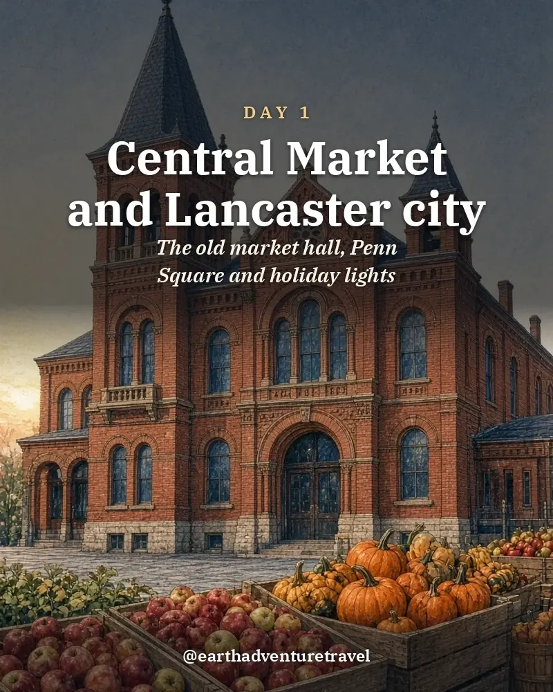 Illustrated day card: The old market hall, Penn Square and holiday lights