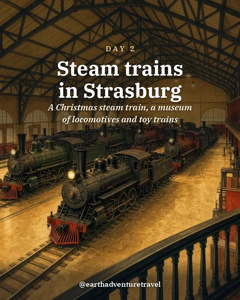 Illustrated day card: A Christmas steam train, a museum of locomotives and toy trains