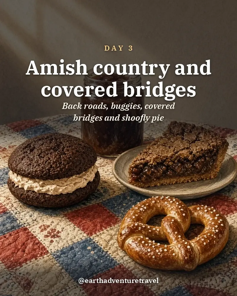 Illustrated day card: Back roads, buggies, covered bridges and shoofly pie