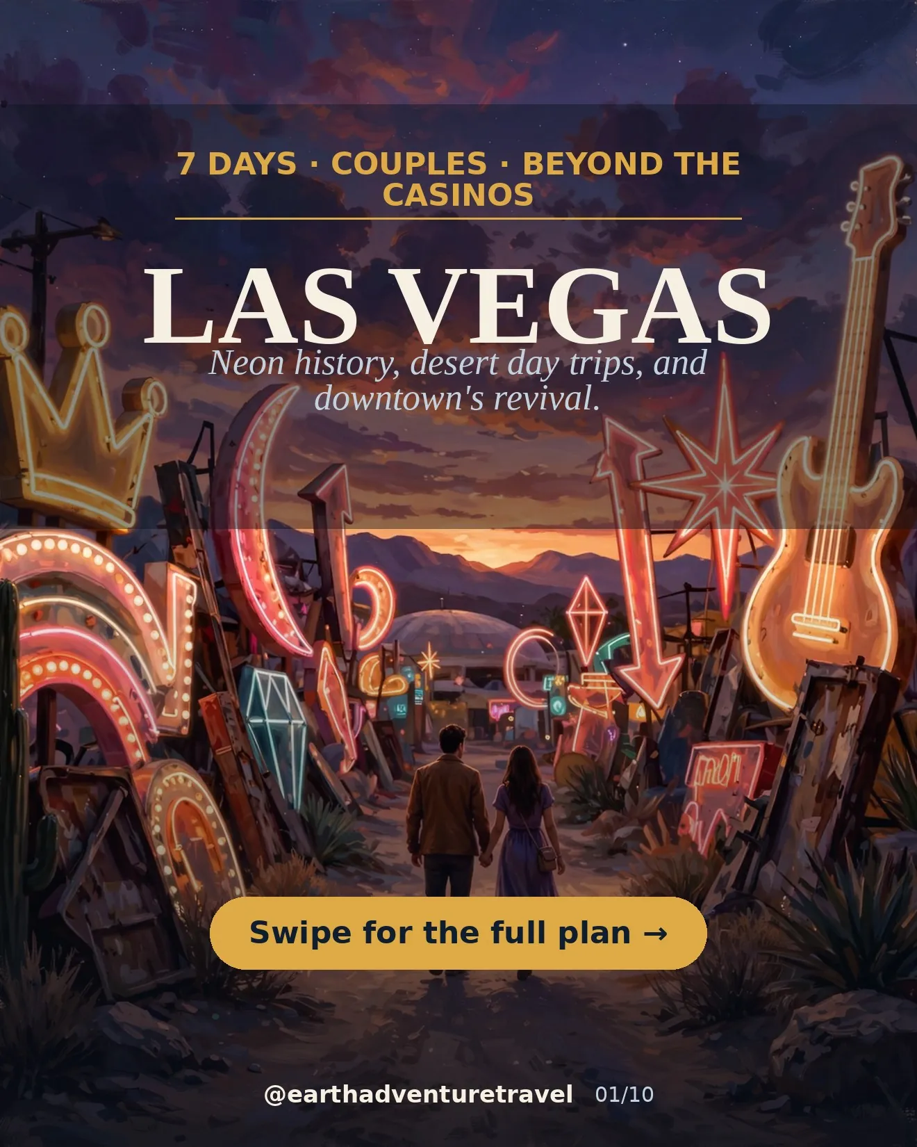 Illustrated Las Vegas couples guide cover: a couple walking through the Neon Boneyard's glowing vintage signs at dusk