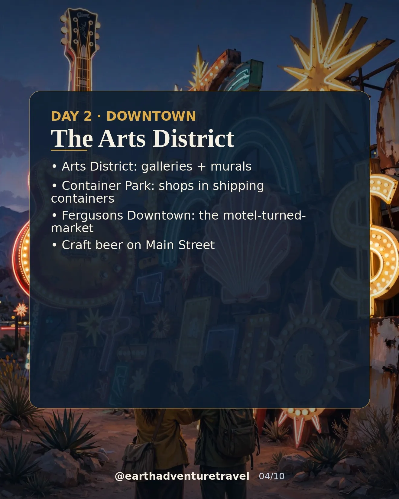 Day 2 graphic: vintage neon signs of the Neon Boneyard at dusk