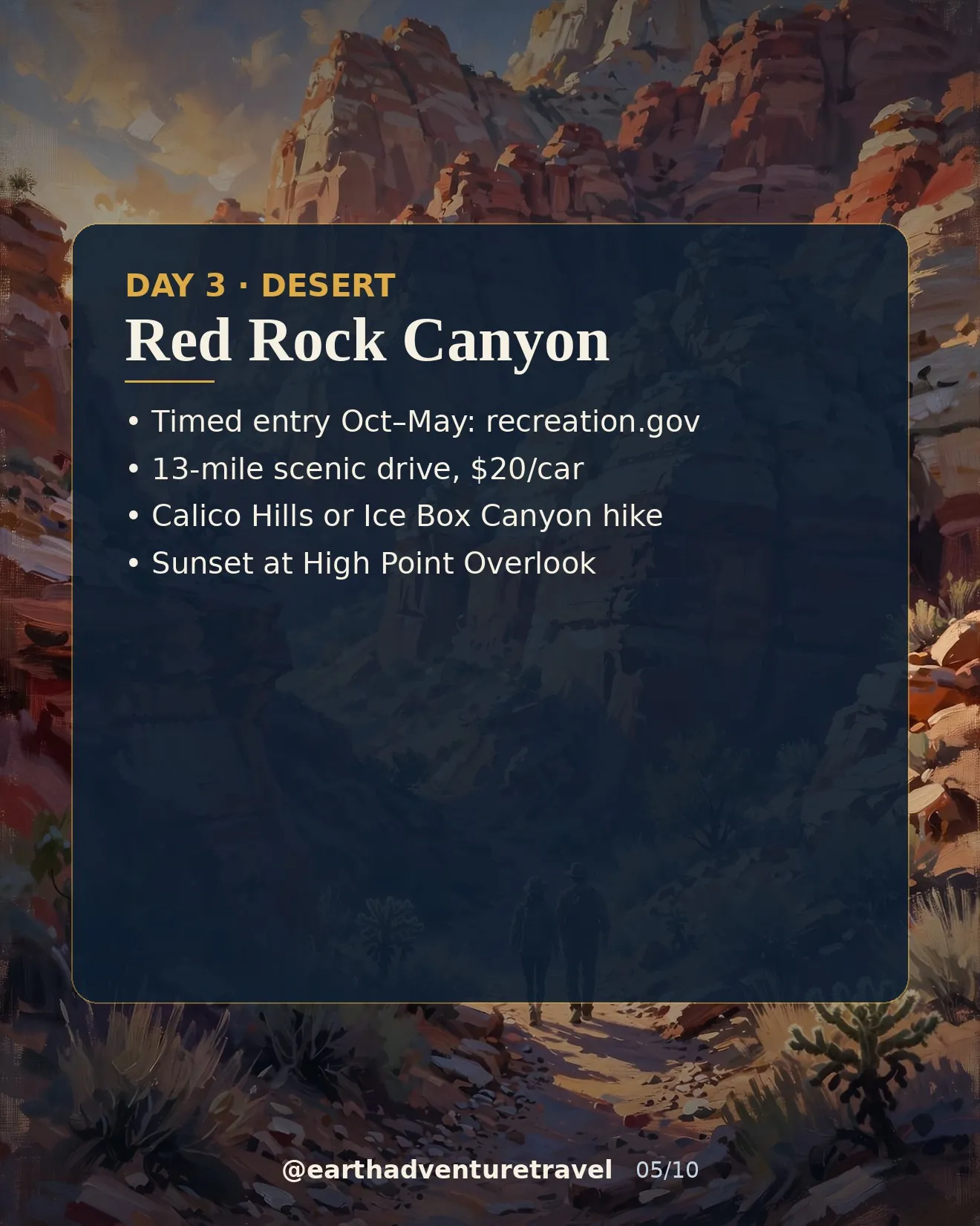Day 3 graphic: red sandstone cliffs of Red Rock Canyon