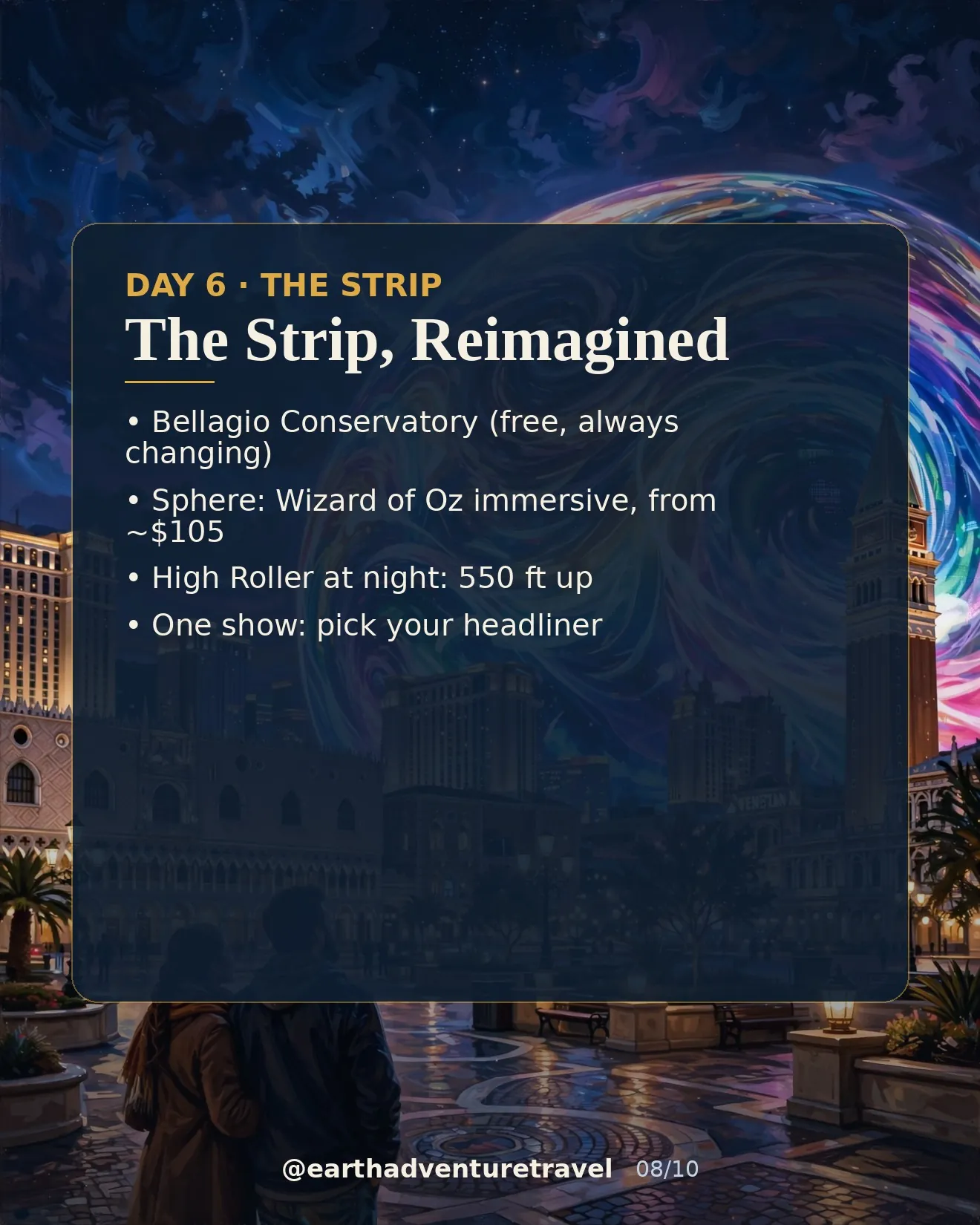 Day 6 graphic: the Sphere glowing over the Las Vegas skyline at night