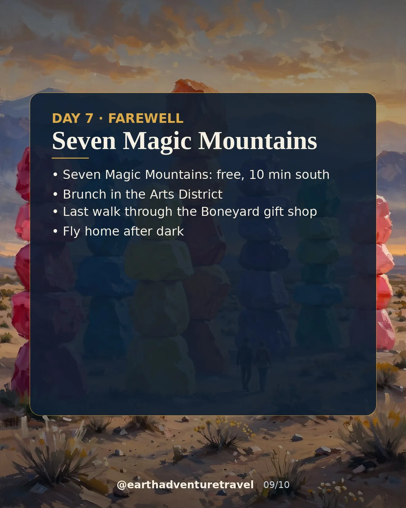 Day 7 graphic: the colorful boulder stacks of Seven Magic Mountains