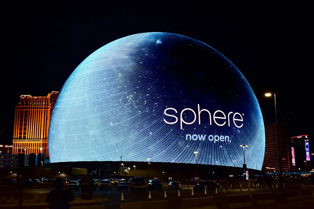 The Sphere glowing at night in Las Vegas