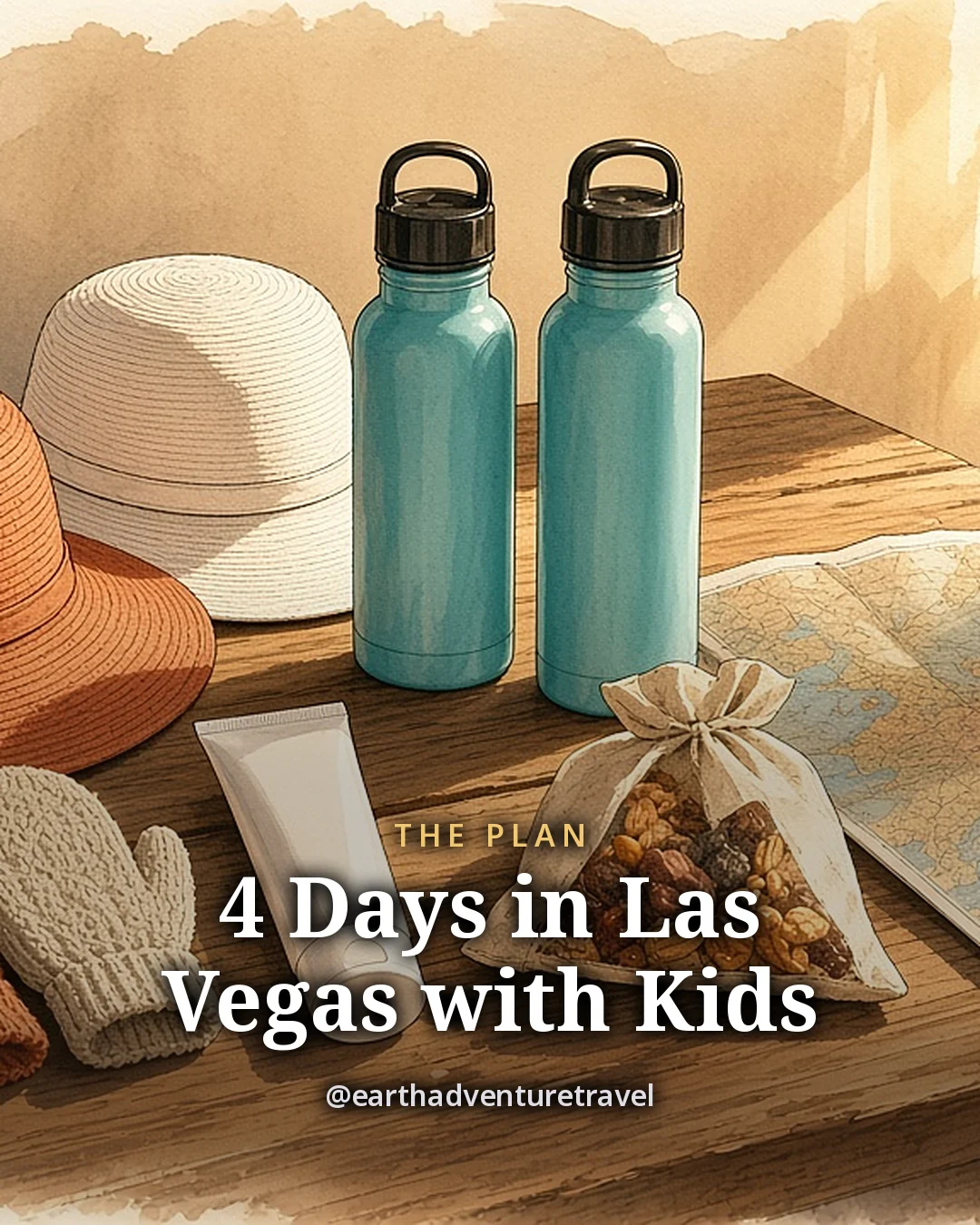 Illustration: small sun hats, refillable water bottles, a child’s snow mittens, sunscreen, a folded trail map and a bag of trail mix on a table, original illustrated plan card for 4 days in Las Vegas