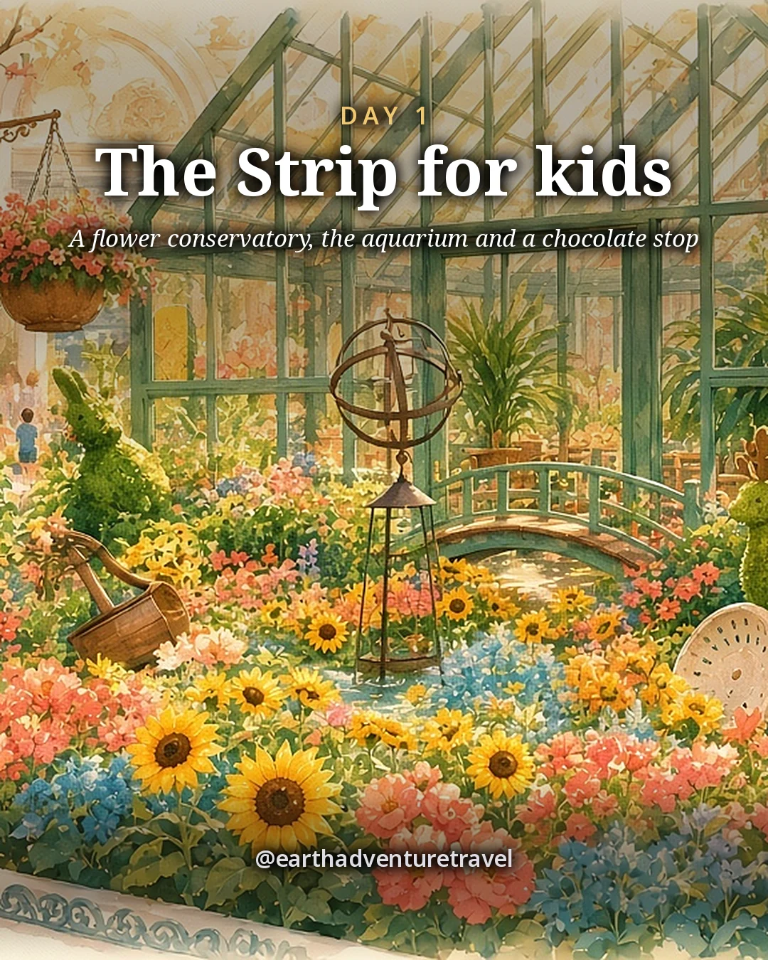 Illustration: a glass-roofed conservatory filled with giant flower beds and topiary under arched beams, with tiny children pointing, illustrated day card for Day 1