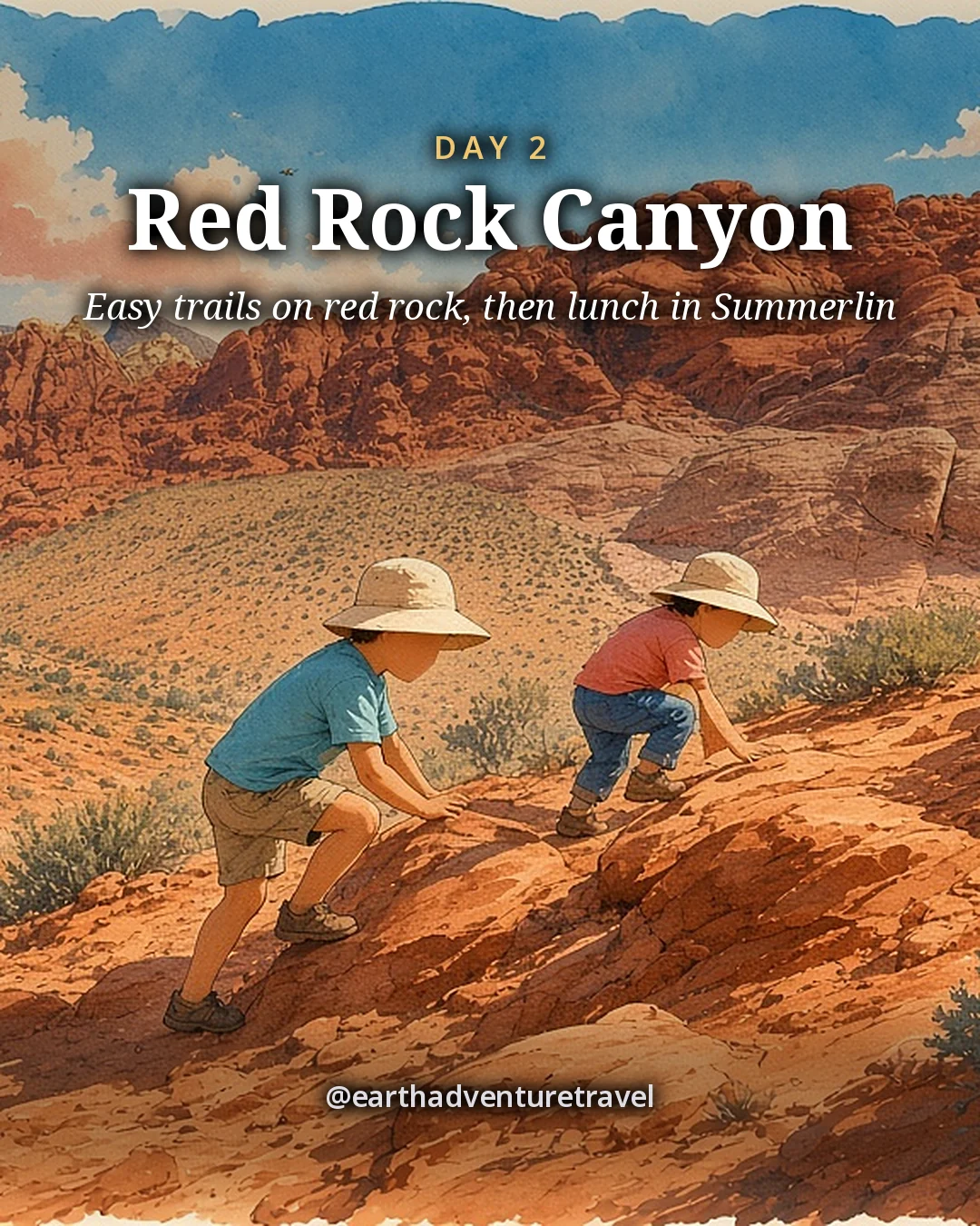 Illustration: two small children climbing low red sandstone ledges on an easy desert trail with a parent behind, illustrated day card for Day 2